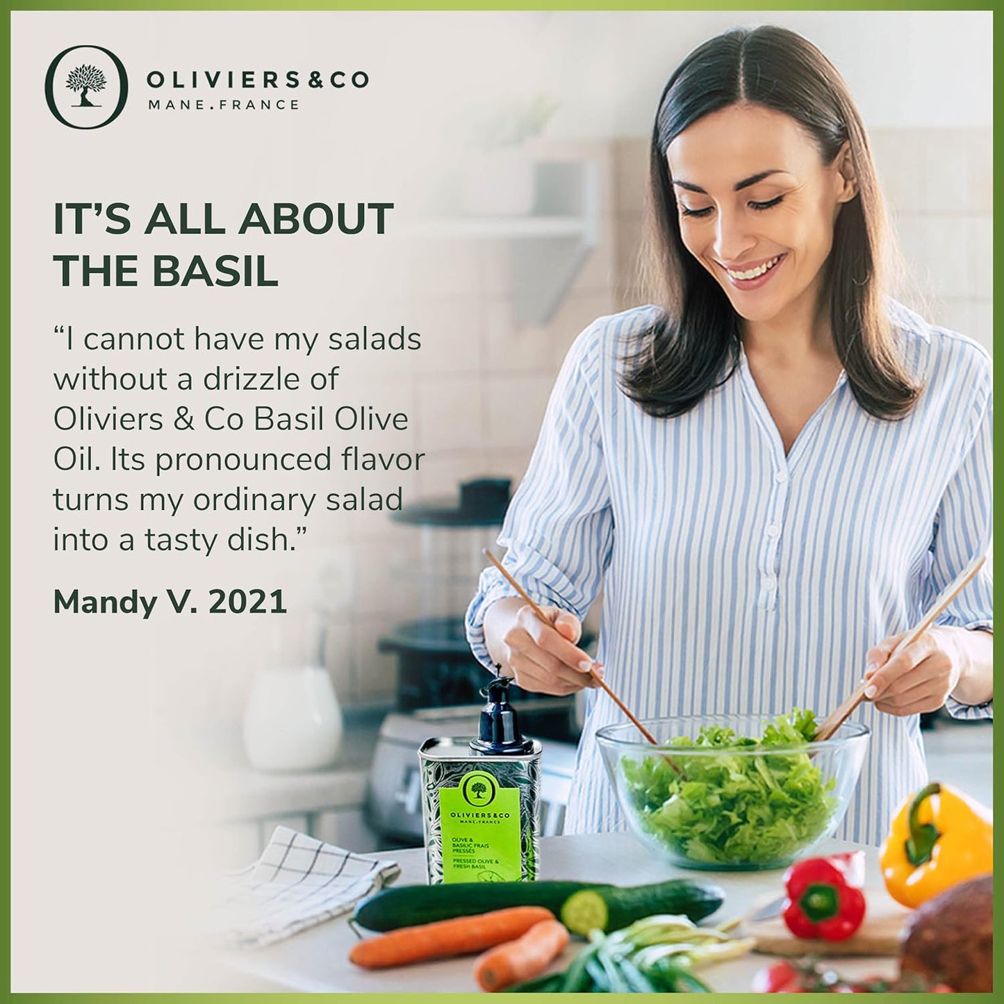 Fresh Basil Olive Oil by Oliviers & Co. | Cold Pressed Extra Virgin Olive Oil | Everyday and Cooking EVOO from Italy | Gourmet Flavored Oil in Tin Can | (16.8 Fl Oz (Pack of 1), Fresh Basil)