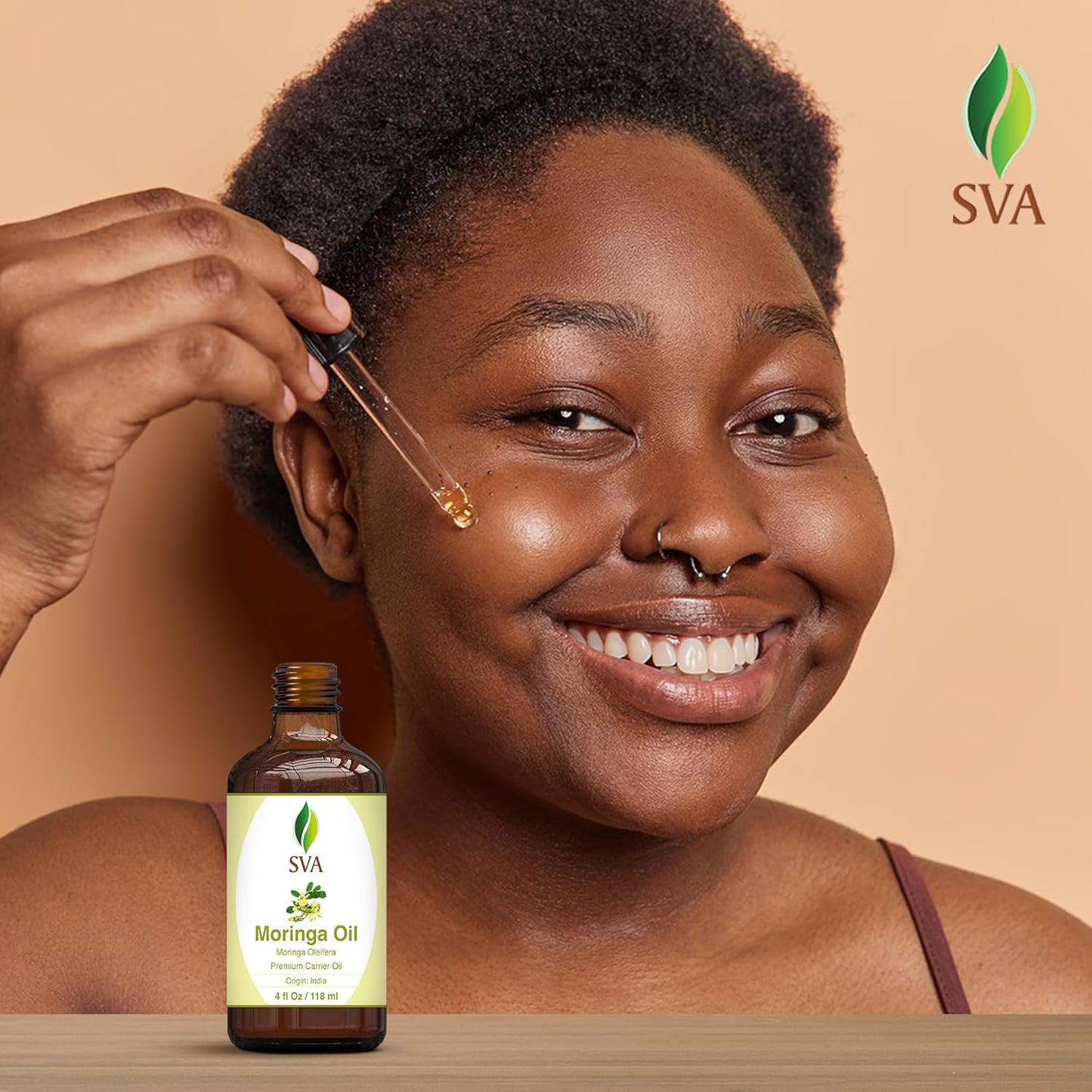 SVA Moringa Seed Oil - 4 Fl Oz – 100% Natural Cold Pressed Moringa Oil - for Face, Skin Care, Hair Care, Scalp Massage & Body Massage – Carrier Oil with Dropper