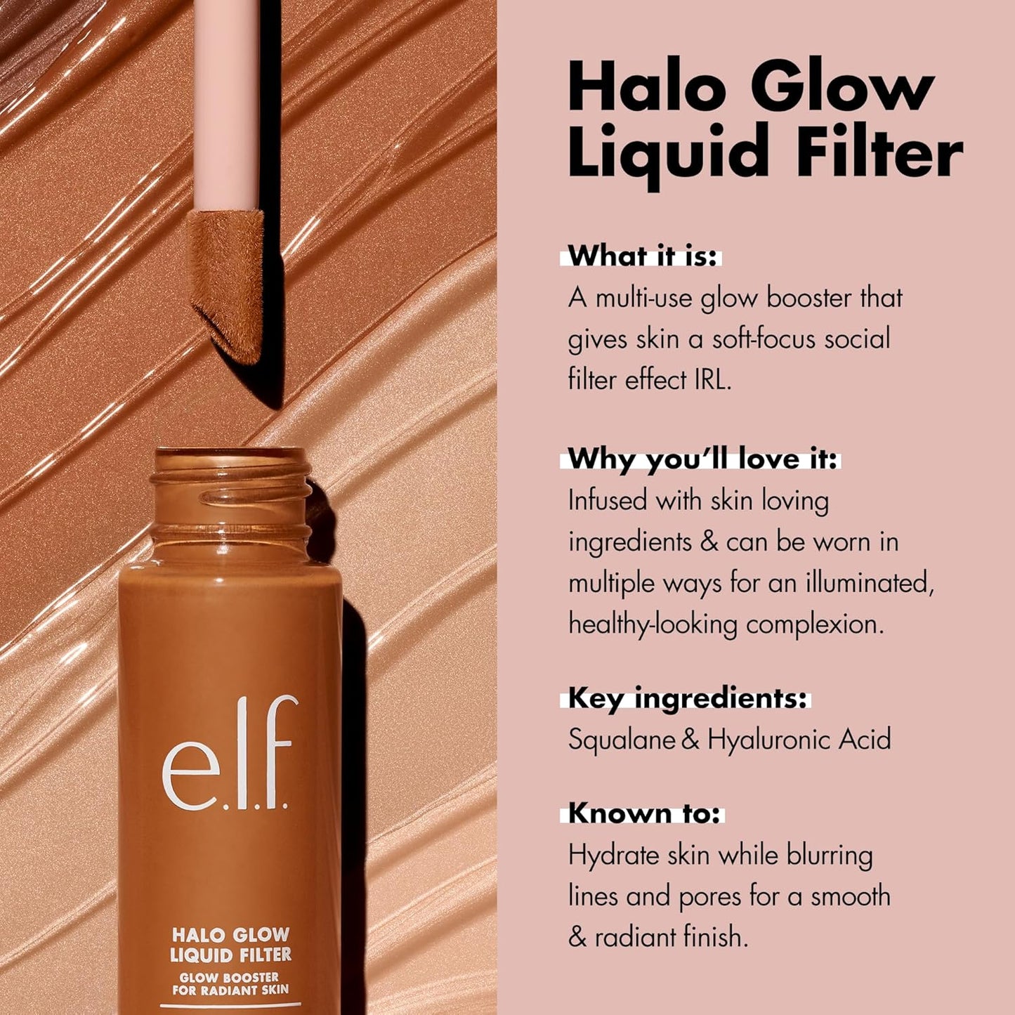 e.l.f. Halo Glow Liquid Filter, Complexion Booster For A Glowing, Soft-Focus Look, Infused With Hyaluronic Acid, Vegan & Cruelty-Free, 8.5 Rich