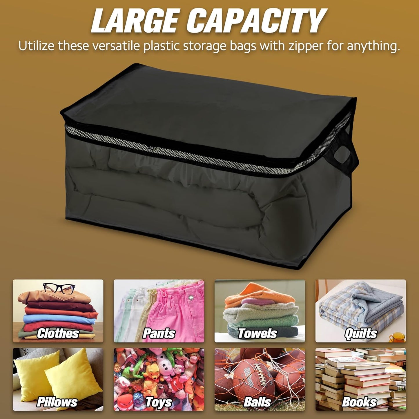 HIBAG 20 Gallon Large Storage Bag for Clothes, Zipper Clothing Storage Bag Organizer with Handles, for Comforters Blankets Pillows Bedding (Black, 2 Pack)