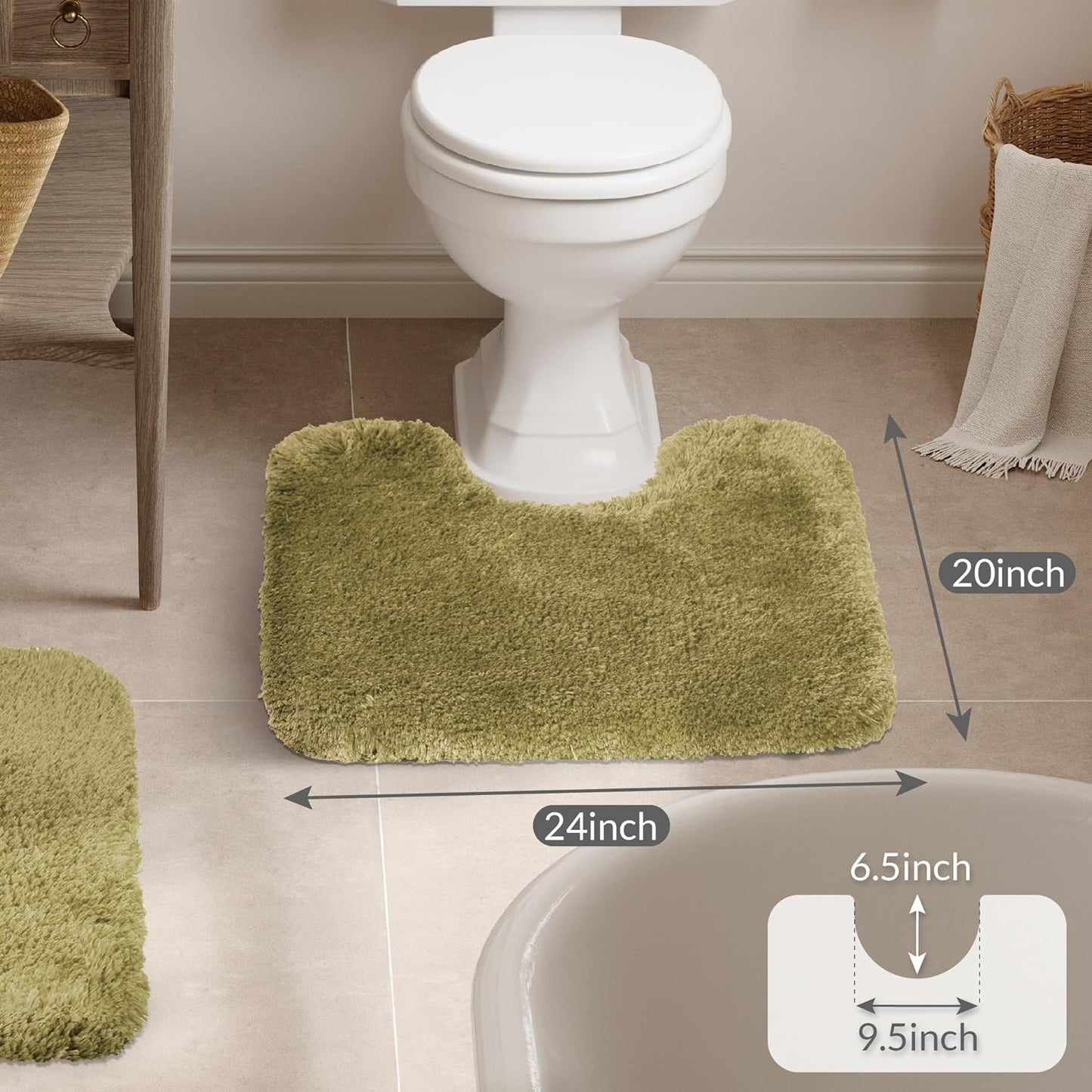 Walensee Contour Rug (20x24, Olive Green) Non Slip Bath Mat for Bathroom Water Absorbent Soft Microfiber Shaggy Bath Mat Machine Washable U Shape Toilet Rug