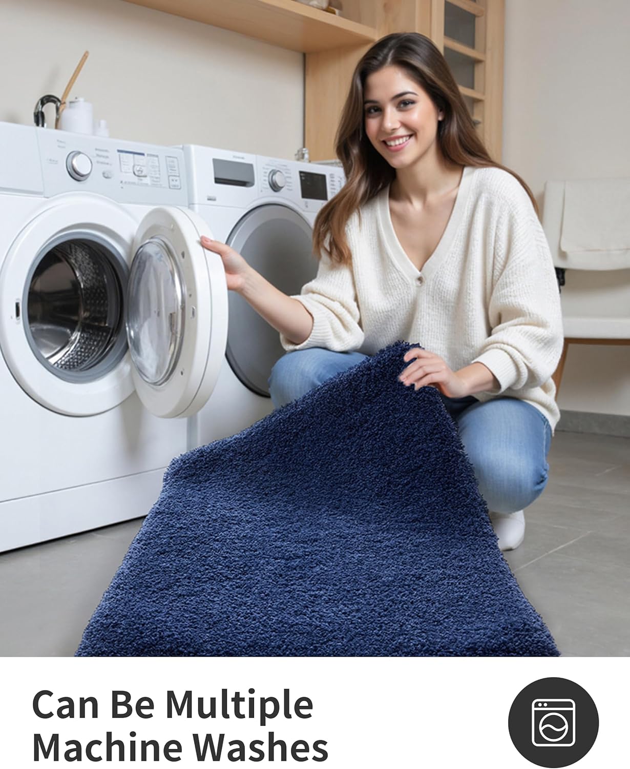 ILANGO Navy Blue Bathroom Rugs 48" × 24" Non Slip & Super Absorbent Extra Thick Soft, Washable Bath Mat for Floor, Microfiber Plush Shaggy Bath Rug with Rubber for Bathtub Shower Room Sink