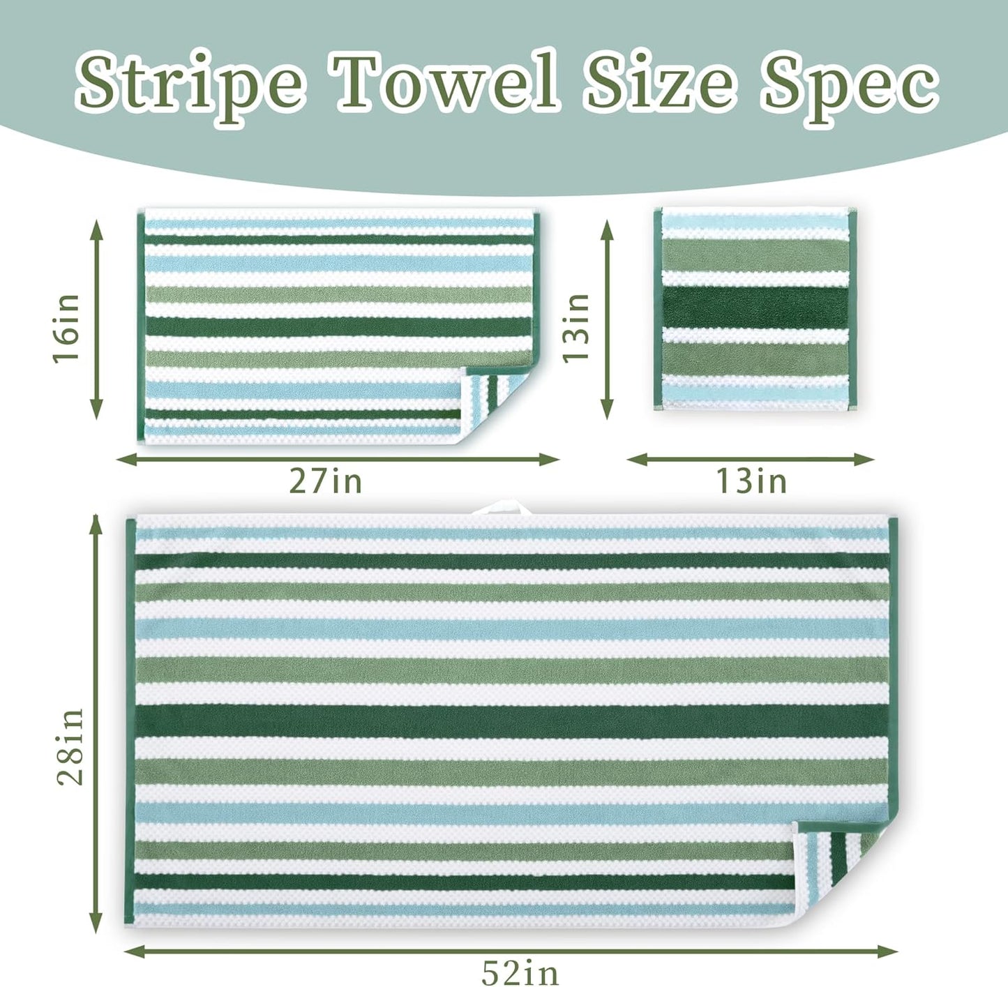 Green and White Towels - 100% Cotton | Quick Dry | Soft | Absorbent, Bath Towels Set of 6, 2 Bath 28"x52", 4 Hand 16"x27", Towels with Hanging Loop, Waffle Towels Set for Bathroom, Stripe + Checkered