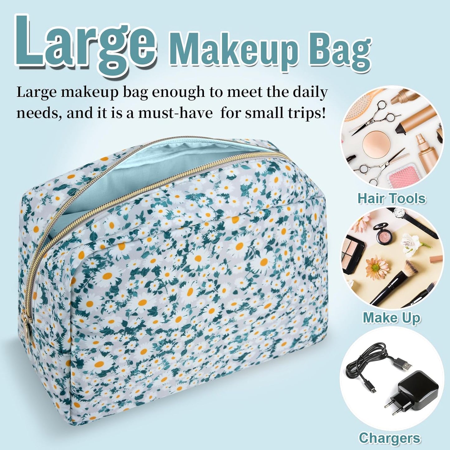 Nylon Large Floral Makeup Organizer Bag, Preppy Big Cute Flower Cosmetic Zipper Pouch Multi-compartment with Dividers, Waterproof Toiletry Makeup Brushes Bag Travel Essentials for Women(Green-Daisy)