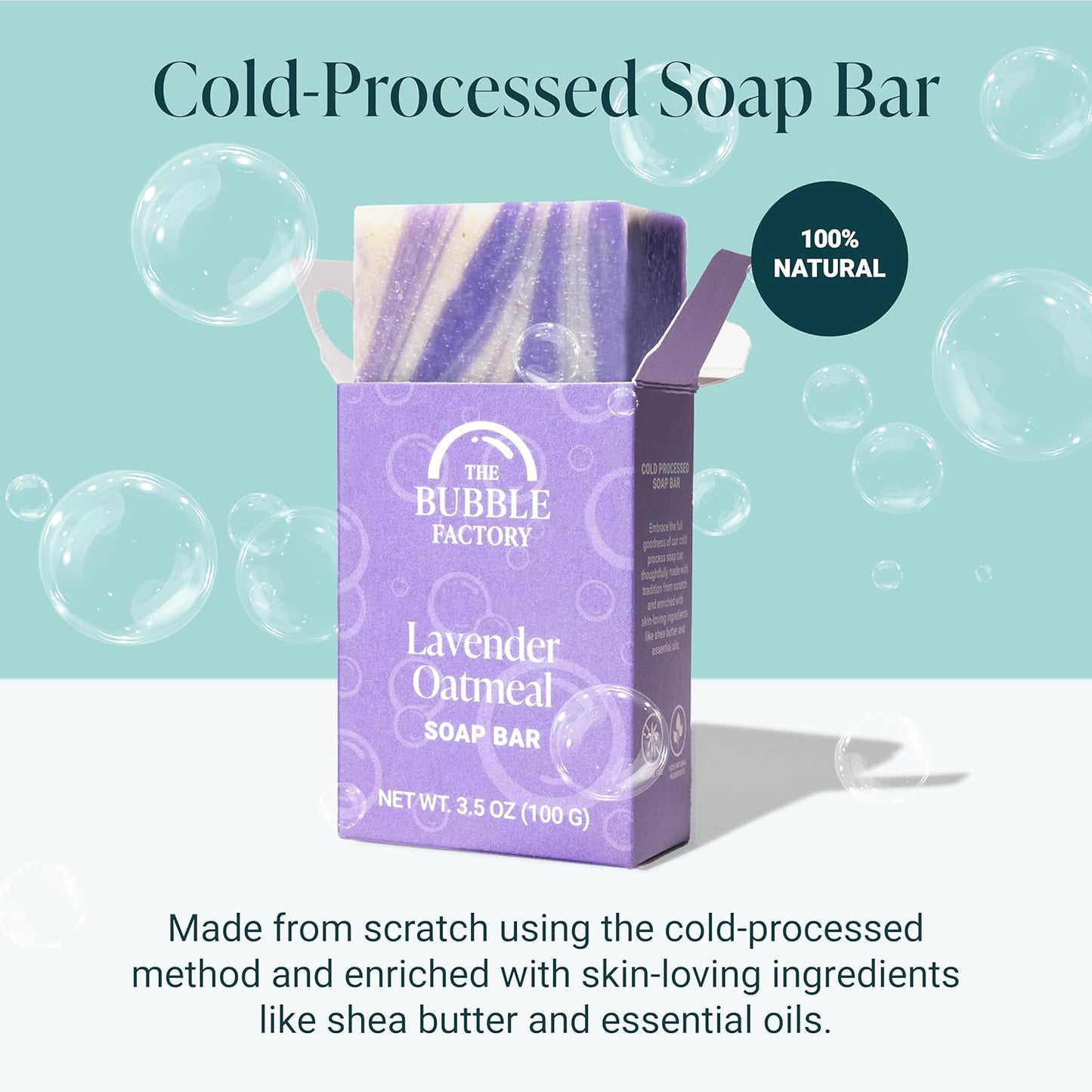 The Bubble Factory Handmade Natural Bath & Body Soap Bar, Vegan, All-Natural, Palm Oil Free, Made in USA with Shea Butter + Essential Oils, Lavender Oatmeal, 3 Bars