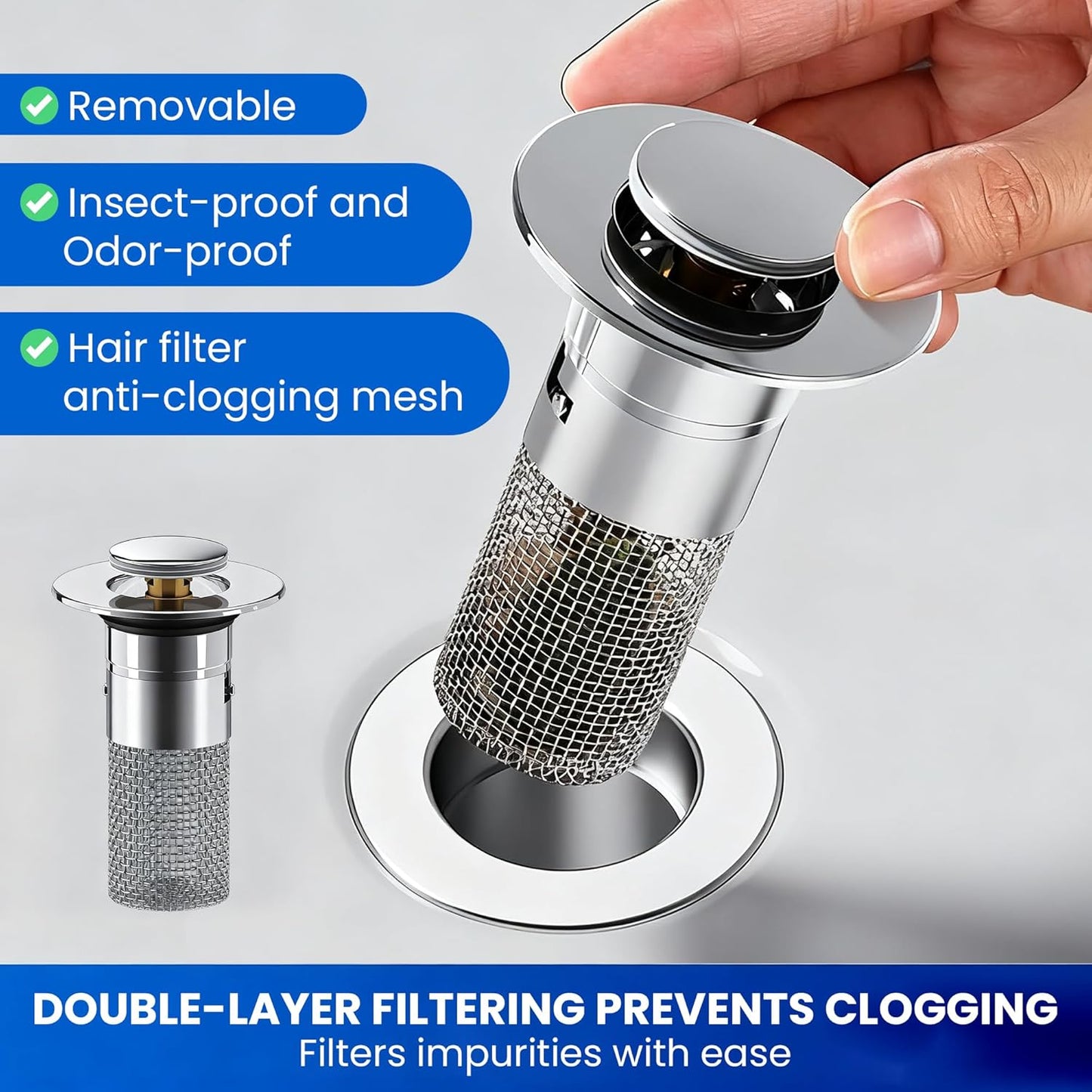 Saker Bathroom Sink Drain Strainer Hair Catcher (5 PCS), Pop-up Drain Filter with Removable Stainless Steel Filter Basket, Prevents Hair Clogs, Suitable for Bathroom Sink Stopper Replacement