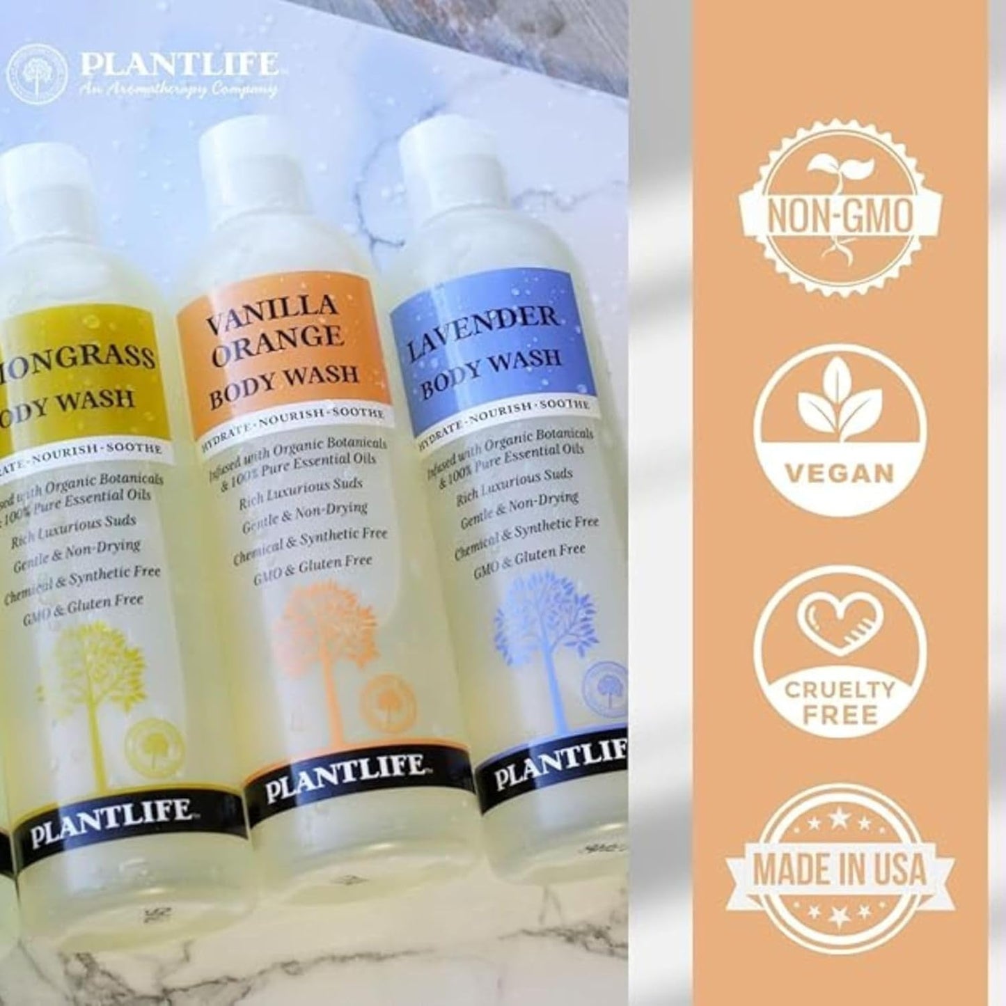 Plantlife Lemongrass Body Wash - GMO and Gluten Free Gentle and Moisturizing Body Wash That Contains Only Ingredients Straight from Nature - Manufactured in the USA 14 oz