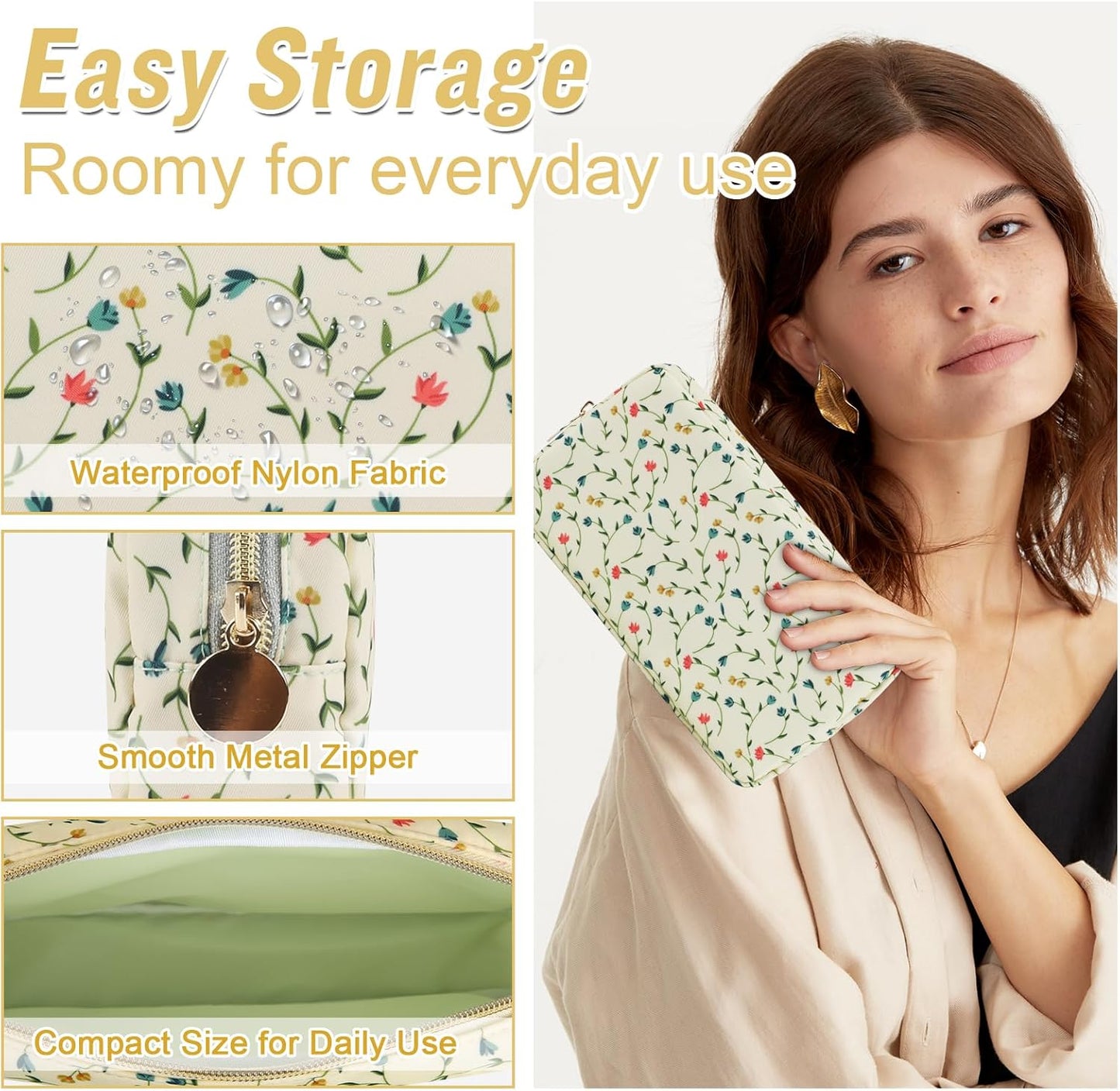 Nylon Small Floral Makeup Bag for Purse, Cute Preppy Makeup Bag Cosmetic Zipper Pouch Purse, Waterproof Portable Travel Toiletry Makeup Brush Bag Organizer Storage for Women Girls(Light Yellow-Flower)