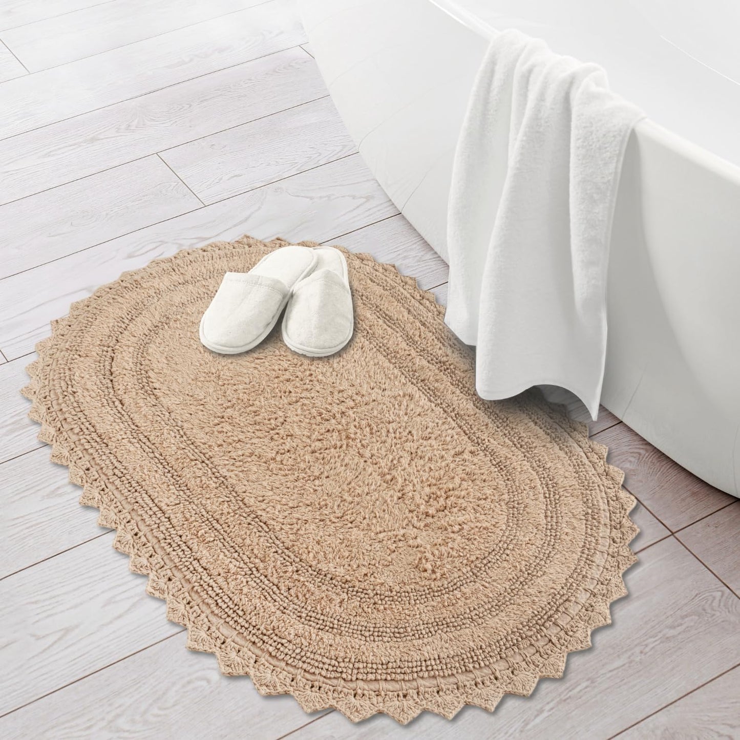 RAJRANG Bath Rug for Bathroom Kitchen and Spa with Crochet Pattern Cotton Luxury Absorbent Soft Reversible Boho Bath Mat Sand Oval 24x17 Inches