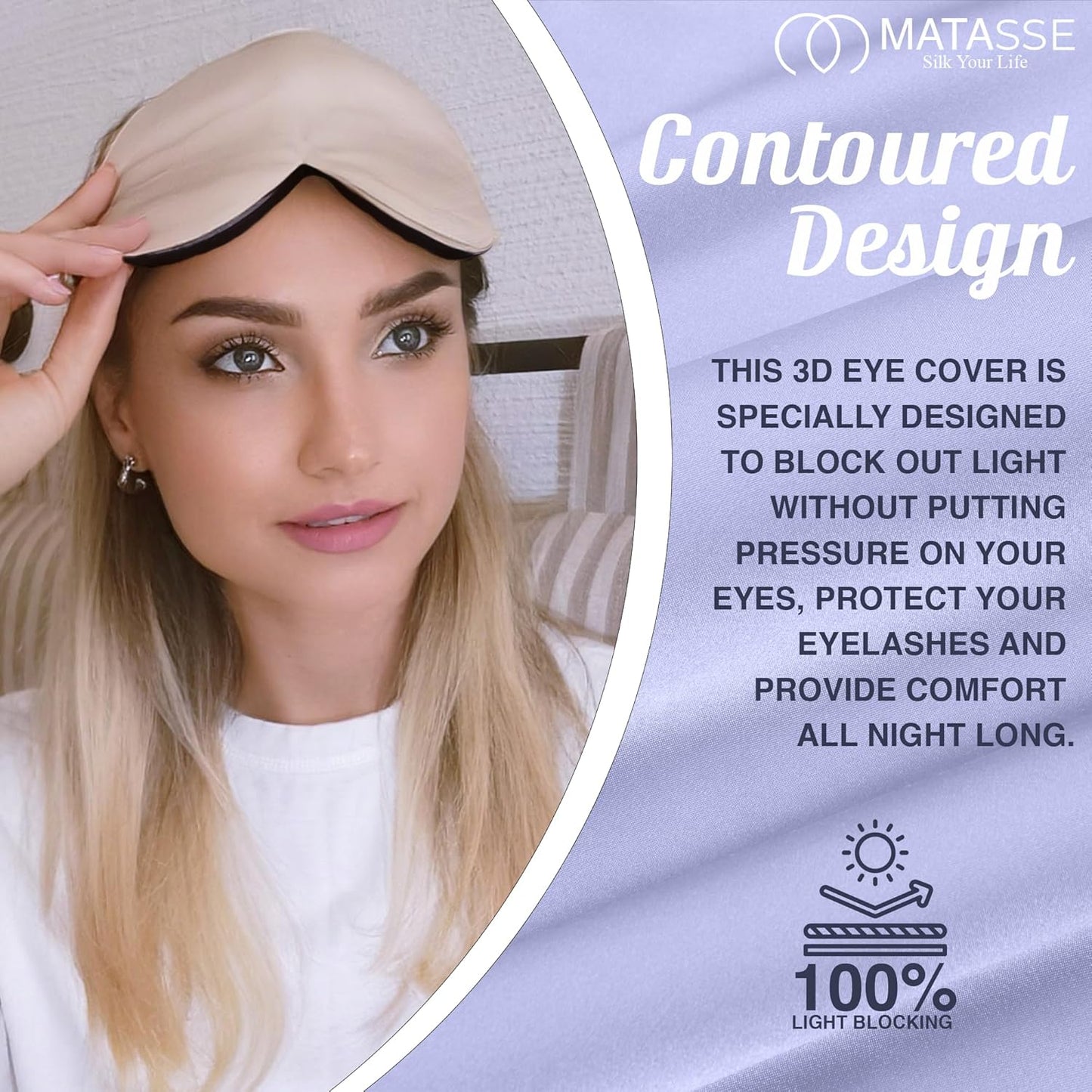 MATASSE Silk Eye Mask for Sleeping with Adjustable Elastic Band - 3D Contoured, Eye Cover Sleep Mask w/Genuine Mulberry Silk Including The Strap for Women, Men (Champagne/Black)
