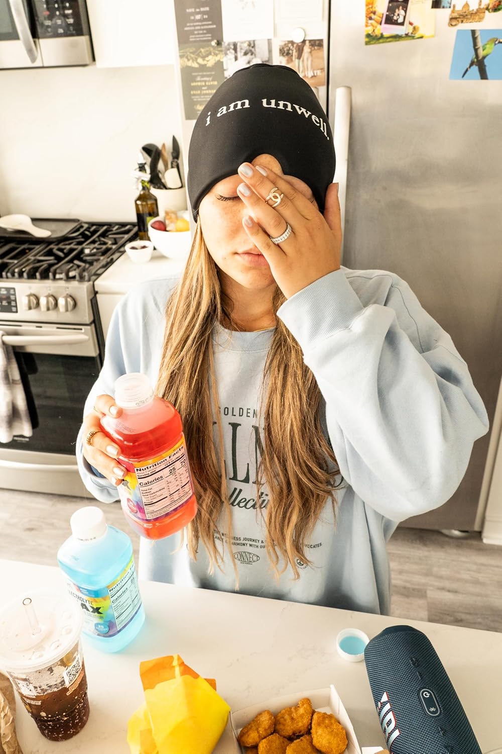 Huggs Migraine Relief Cap - I Am Unwell - Cooling Gel Head Wrap, Cold Compress Cap for Headache, Stress, & Tension