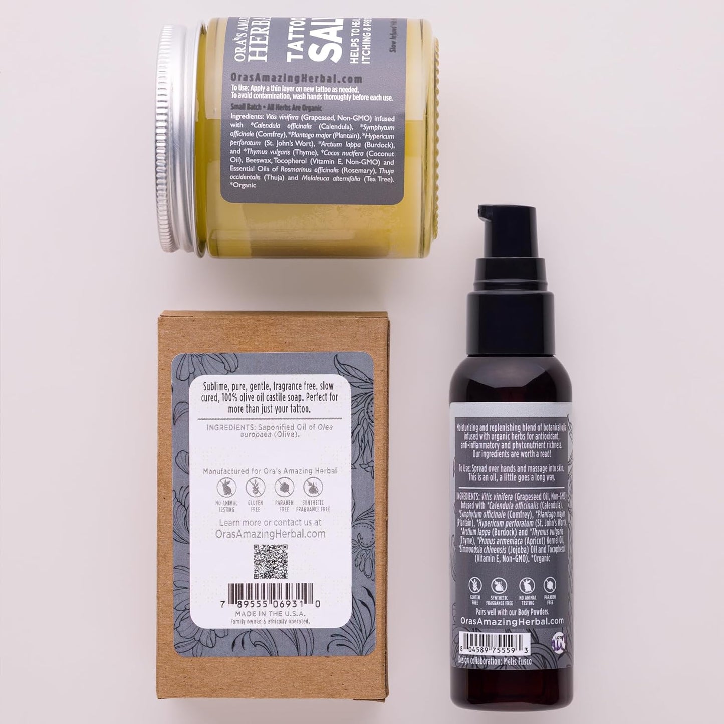 Ora's Amazing Herbal All The Tattoo Aftercare Set, Tattoo Salve, Oil & Soap, Natural Tattoo Aftercare Set, Balm, Moisturizer, Made in the USA