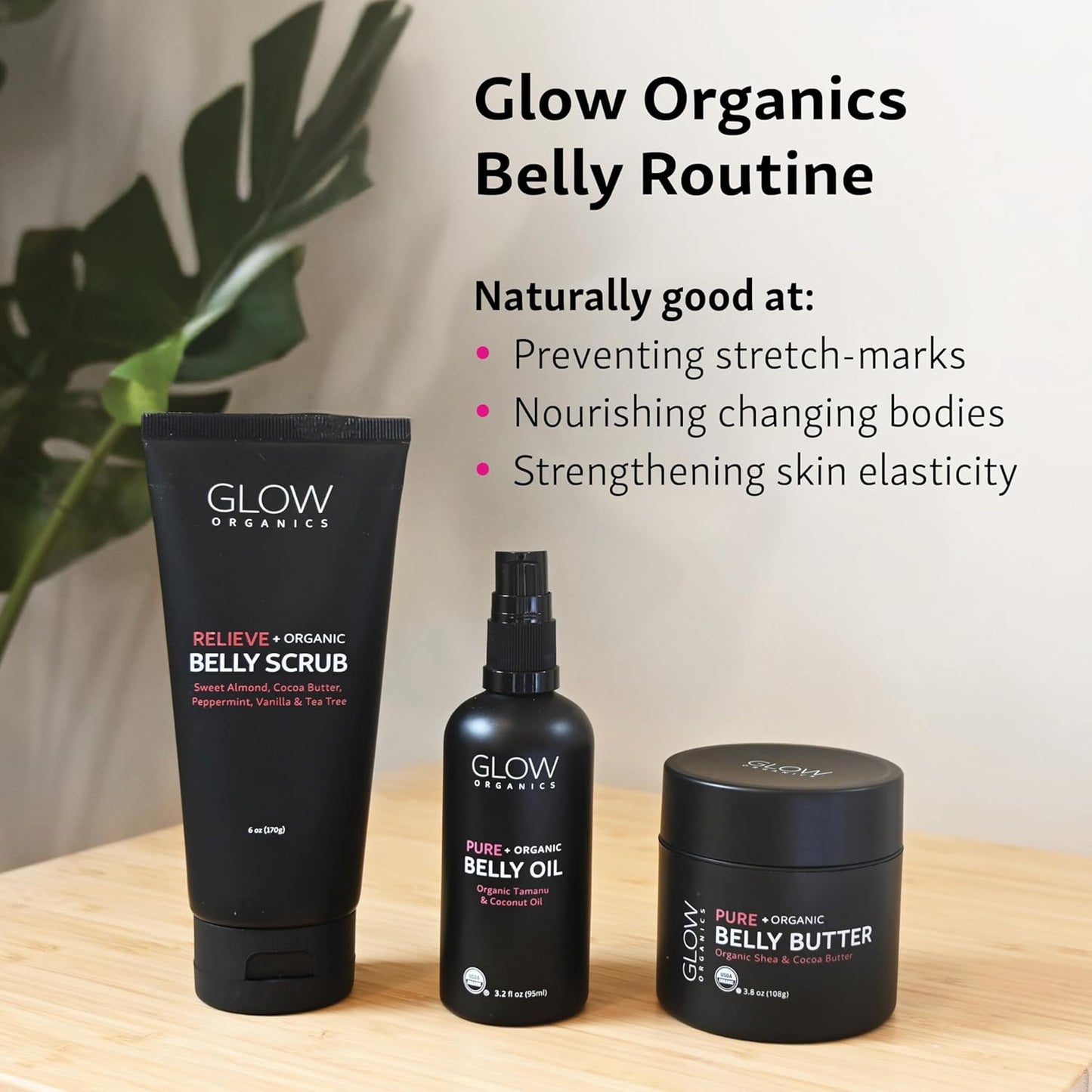 Glow Organics Stretch Mark Cream Belly Butter, Scrub and Oil, 3-Step Pregnancy Skin Care Kit, Belly Butter for Stretch Marks, Organic, Pregnancy & Baby Registry Must Haves, Mother To Be Gift.