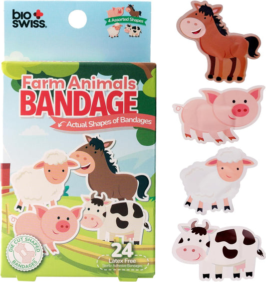 BioSwiss Kids Bandages, Farm Animal Shaped Self Adhesive Bandage Set, Latex Free, Sterile Wound Care, 24 Count