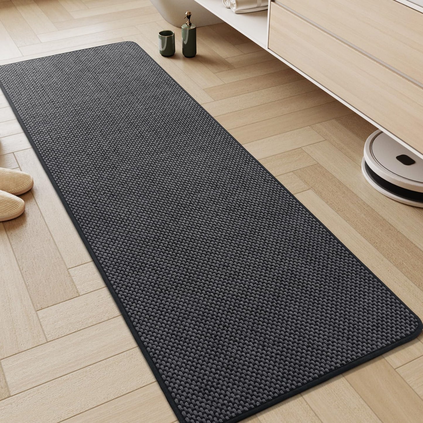 AMOAMI Chenille Bath Mat Super Absorbent Bathroom Mat Quick Dry Low Pile Bath Mats for Bathroom Washable Rubber Backed Bathroom Runners Fit Under Door, Front of Bathtub, Sink, Darkgrey&Black 24"x48"