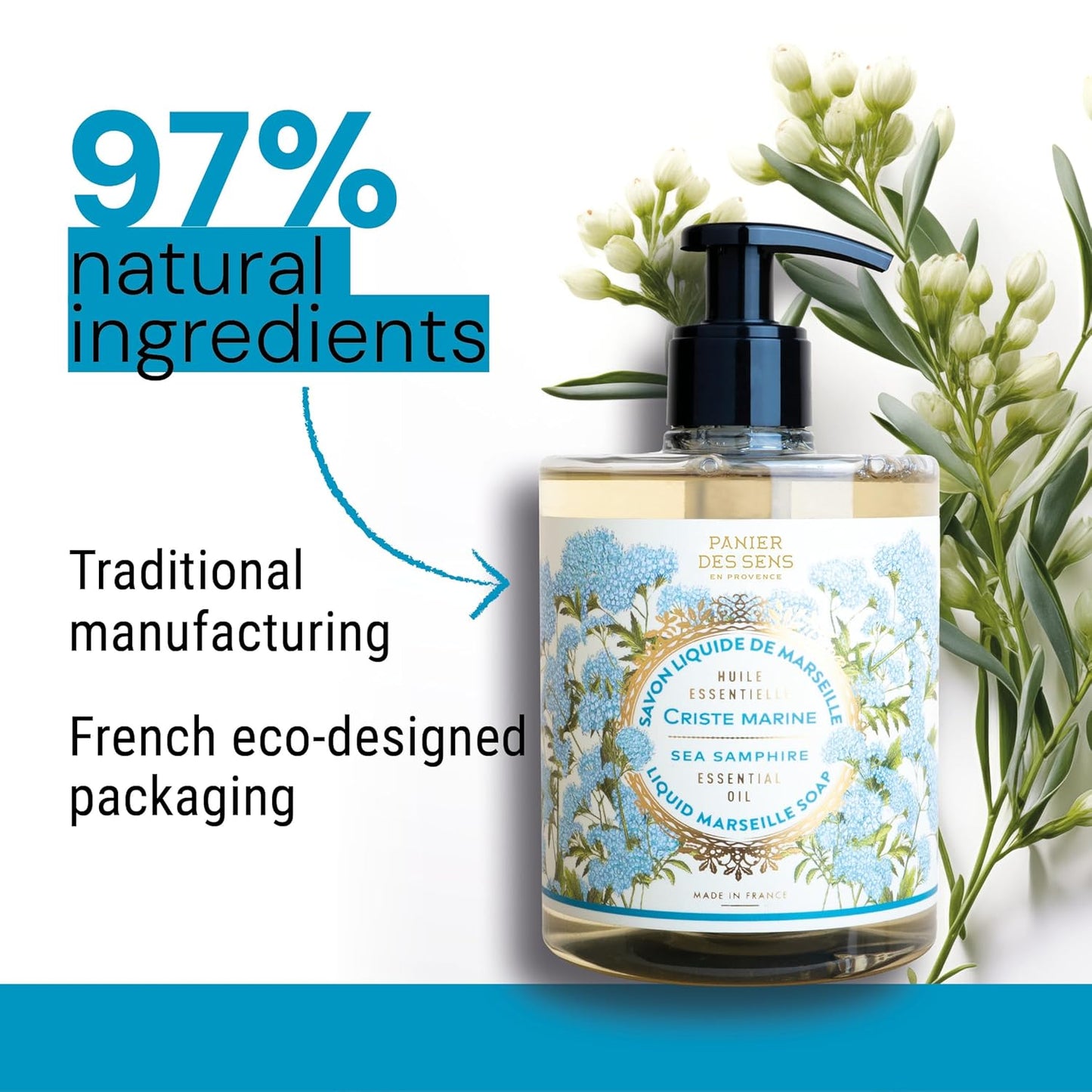 Panier des Sens - Liquid Hand Soap – Sea Samphire Hand Wash - French Marseille Moisturizing Hand Soap with Coconut Oil - Refillable Kitchen & Bathroom Hand Soap - 97% Natural Ingredients -16.9 Fl.oz