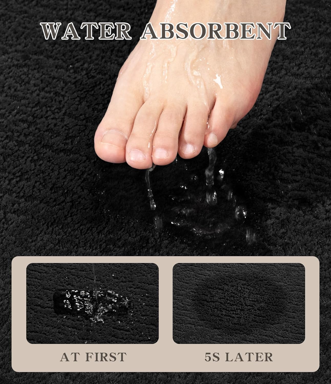 chakme Bathroom Rug Sets 5 Piece, Ultra Thin Bath Mat Quick Dry Bath Mat, Absorbent Bath Mat for Bathroom Non Slip Machine Washable, (Black)