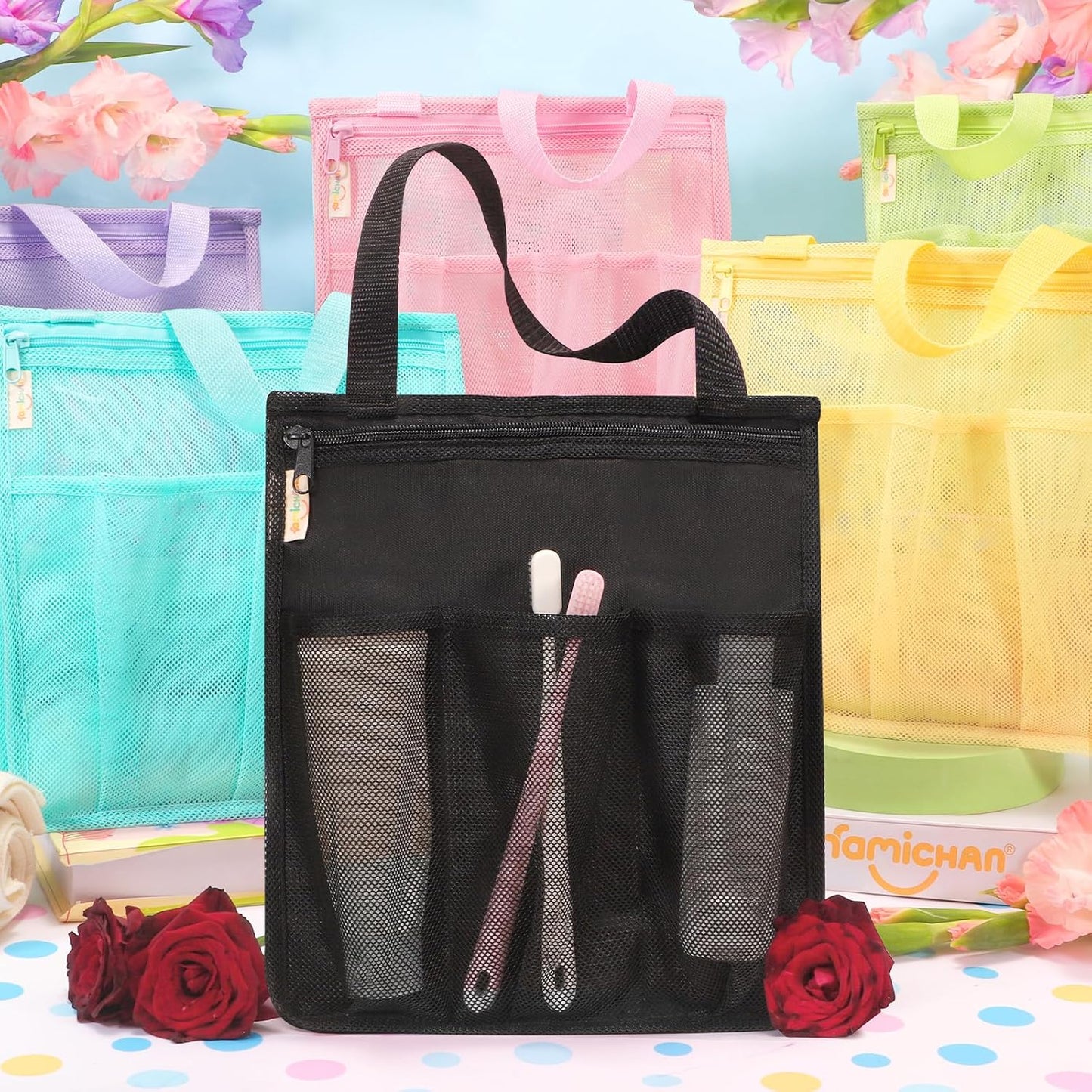 Portable Shower Caddy, Gym Travel Camp Dorm Room Essentials for College Student Boy Girl，Black Bathroom Mesh Shower Bag