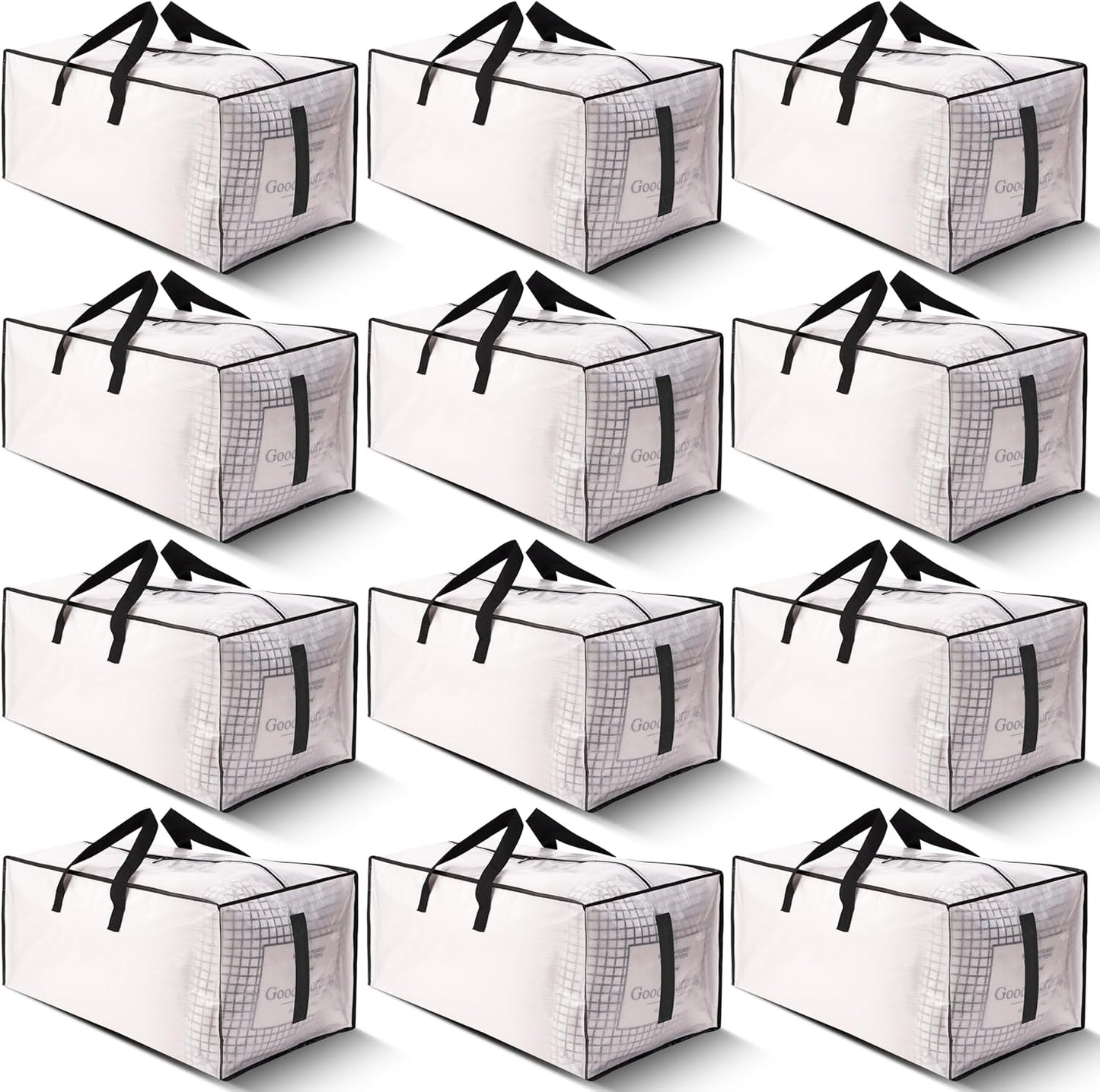 12 Pack Large Strong Moving Bags with Zippers & Carrying Handles - Water-Resistant - Heavy Duty Storage Tote for Space Saving, Fold Flat, Alternative to Moving Box (Semi-Transparent)