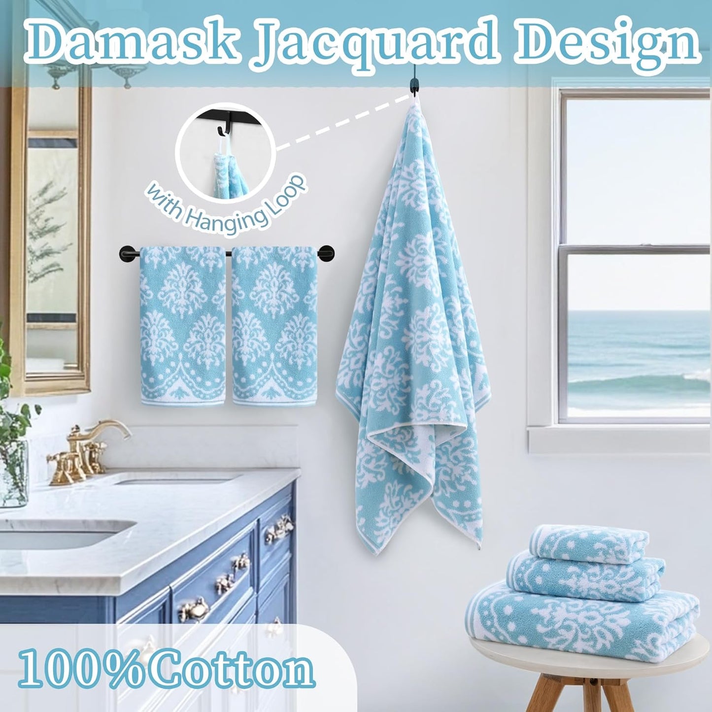 Hand Towels for Bathroom, Bath Hand Towel Set of 4, 16"x27" - 100% Cotton | Quick Dry | Soft | Light Weight | Absorbent, Jacquard Decorative Hand Towels Set, Aqua and White Damask Patterned