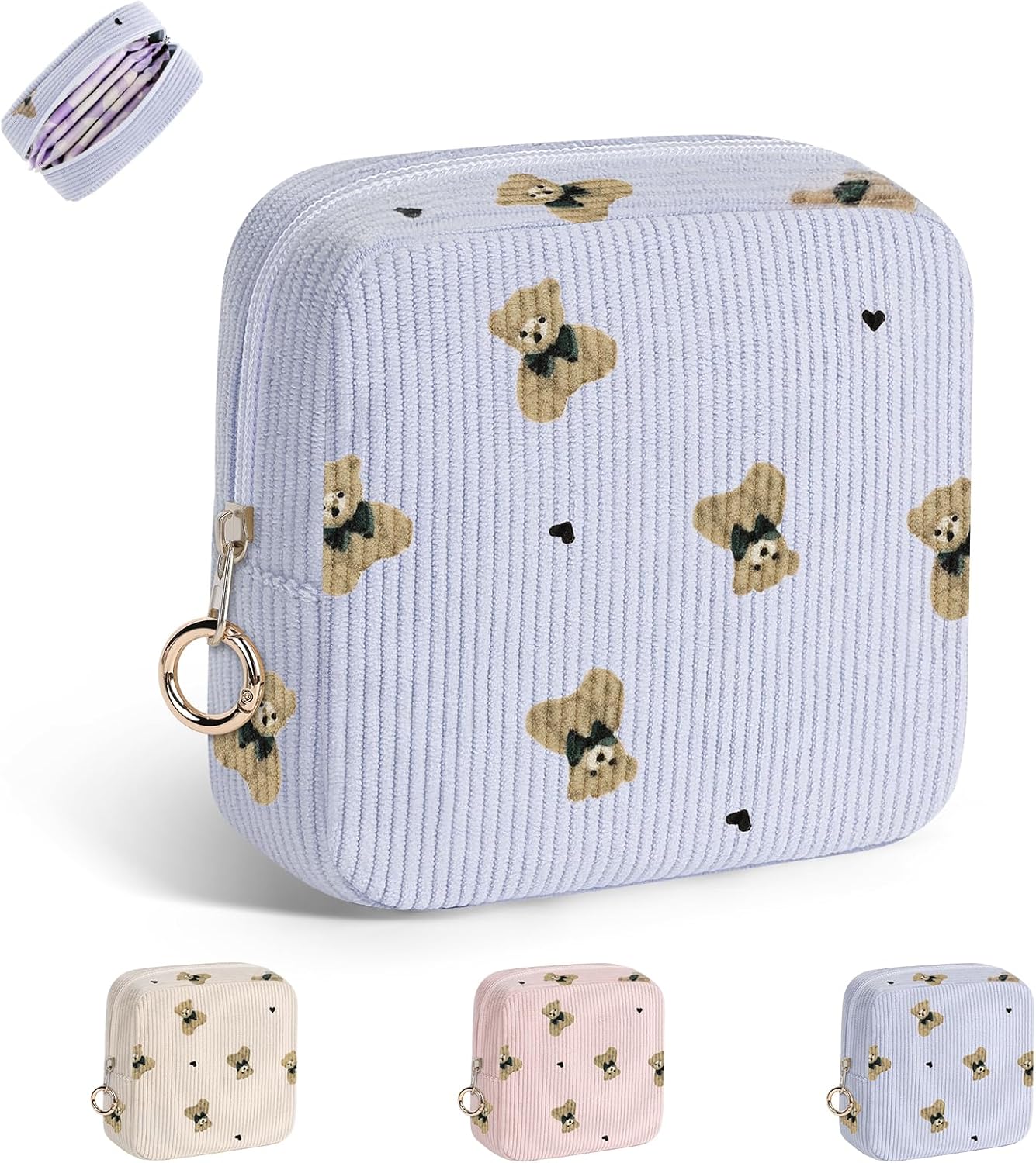 Cute Period Bag for Teen Girls, Bears Corduroy Sanitary Napkin Storage Bag, Menstrual Pad Pouch Tampon Holder for Purse (Blue)