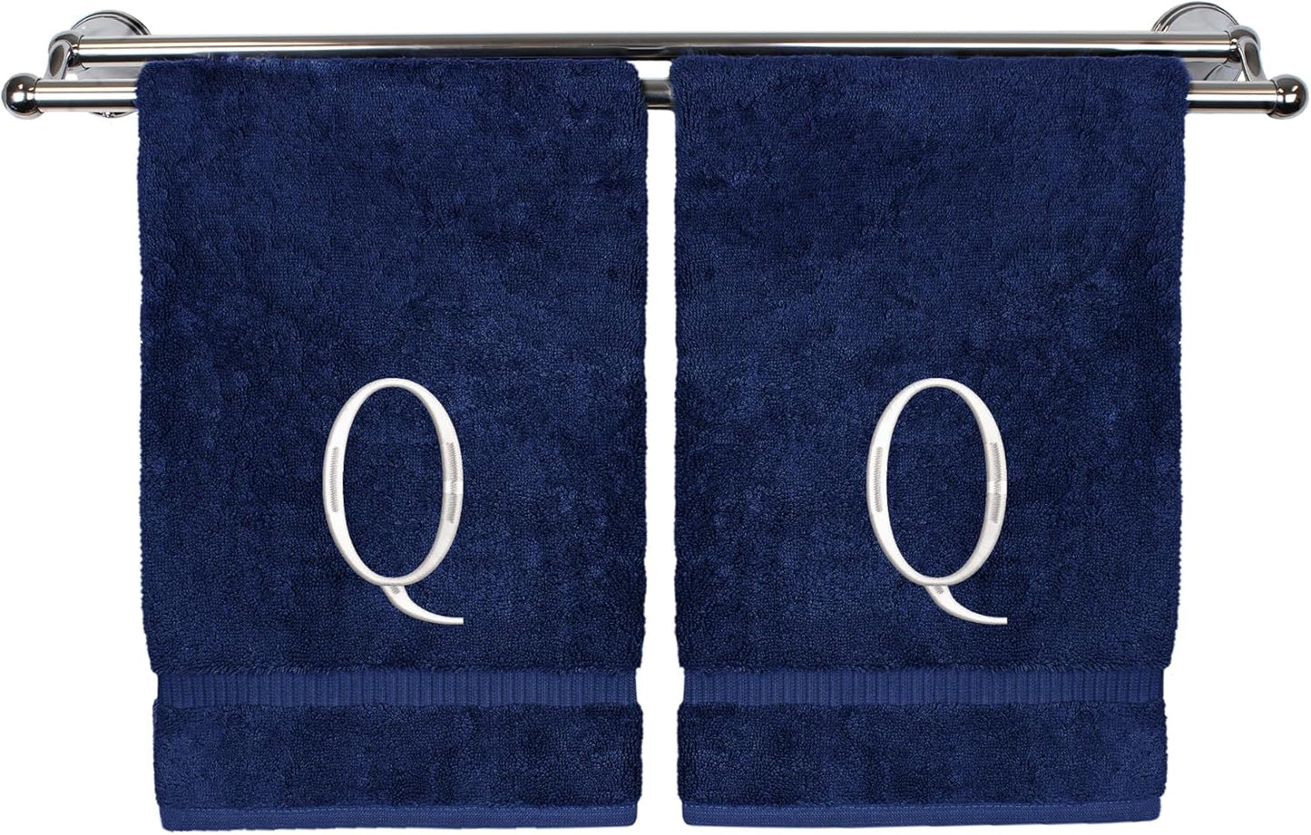 Monogrammed Hand Towel, Personalized Initial Gift, Extra Absorbent 100% Turkish Cotton - Soft Terry Finish - Set of 2 - White Block Initial Q - Embroidered on Navy Blue Towels