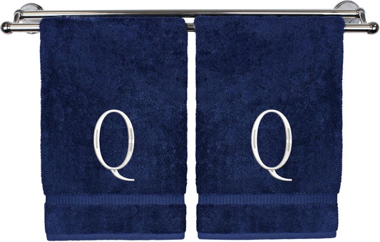 Monogrammed Hand Towel, Personalized Initial Gift, Extra Absorbent 100% Turkish Cotton - Soft Terry Finish - Set of 2 - White Block Initial Q - Embroidered on Navy Blue Towels