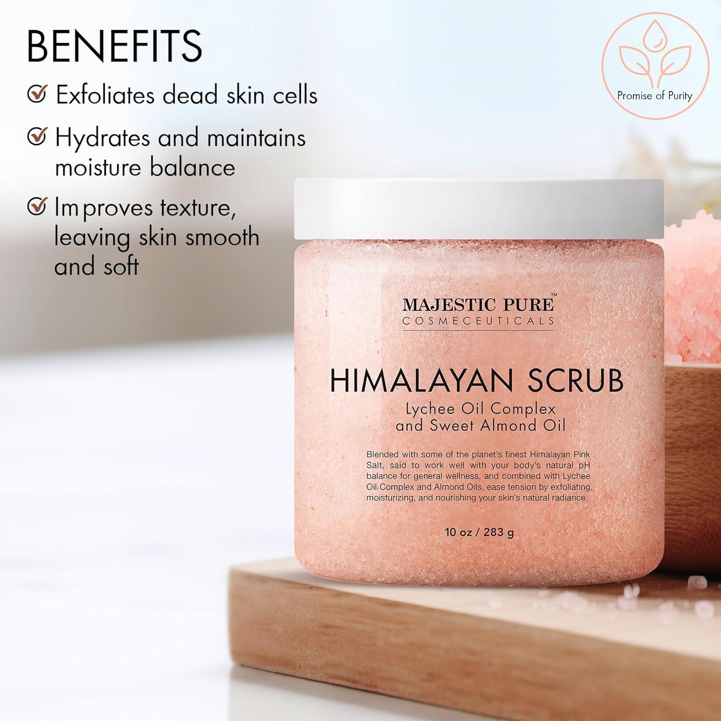 MAJESTIC PURE Himalayan Salt Body Scrub with Lychee Oil, Exfoliating Salt Scrub to Exfoliate & Moisturize Skin, Deep Cleansing - 10 oz