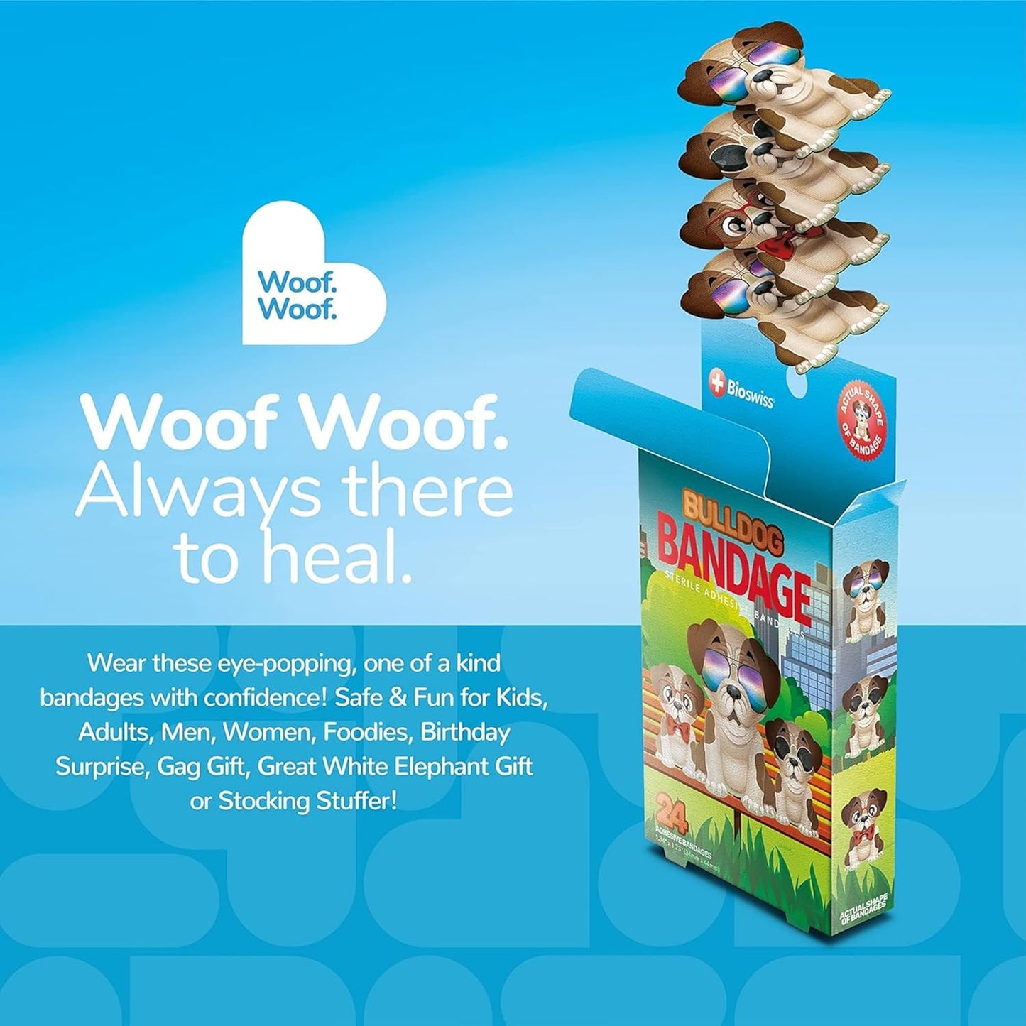 BioSwiss Kids Bandages, Bulldog Shaped Self Adhesive Bandage Set, Latex Free, Sterile Wound Care, 24 Count