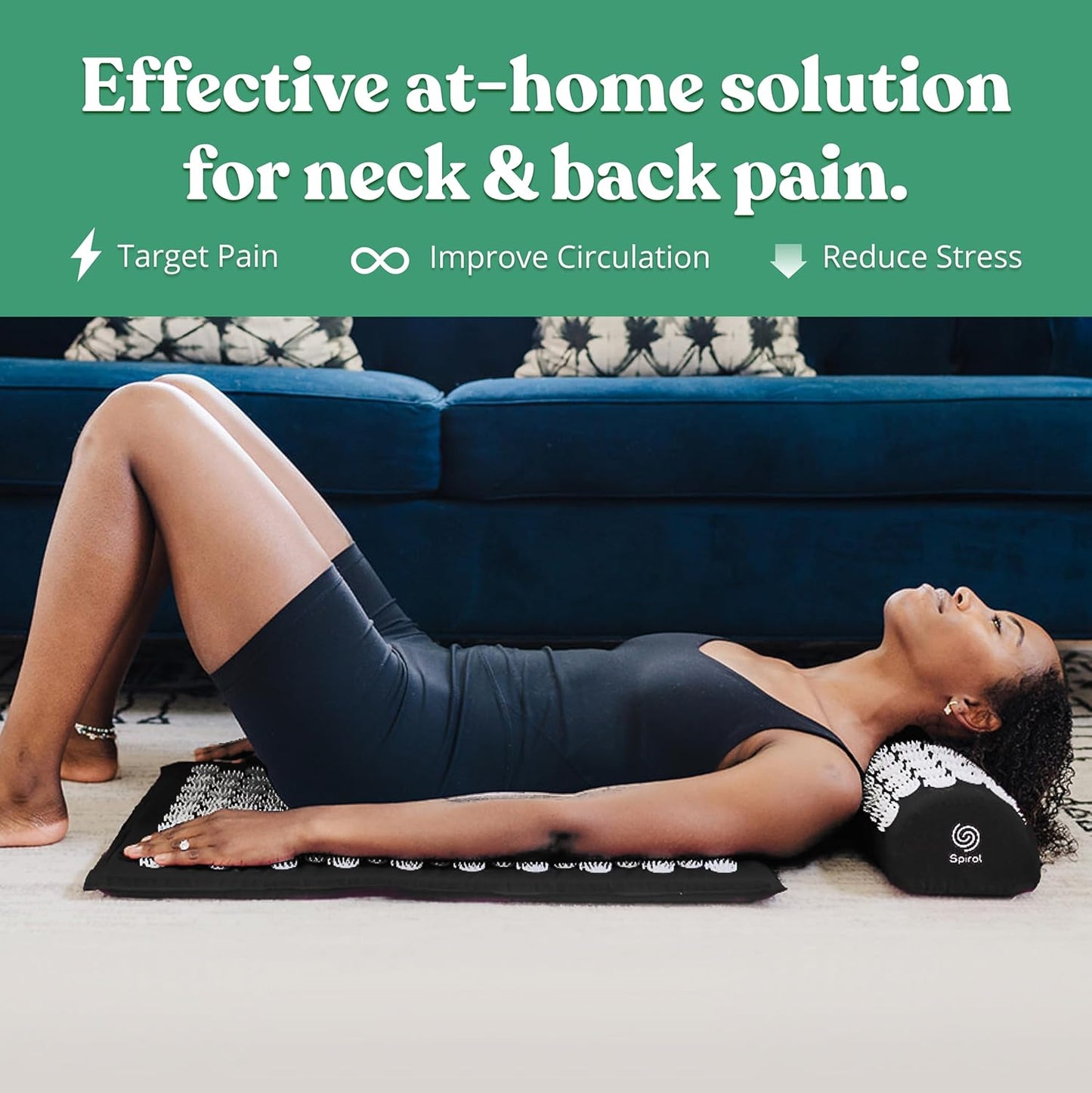 Spirol Acupressure Mat and Pillow Set for Back, Neck and Shoulder Pain Relief, with Flexible Acupressure Spikes, Includes Carry Bag (Onyx)