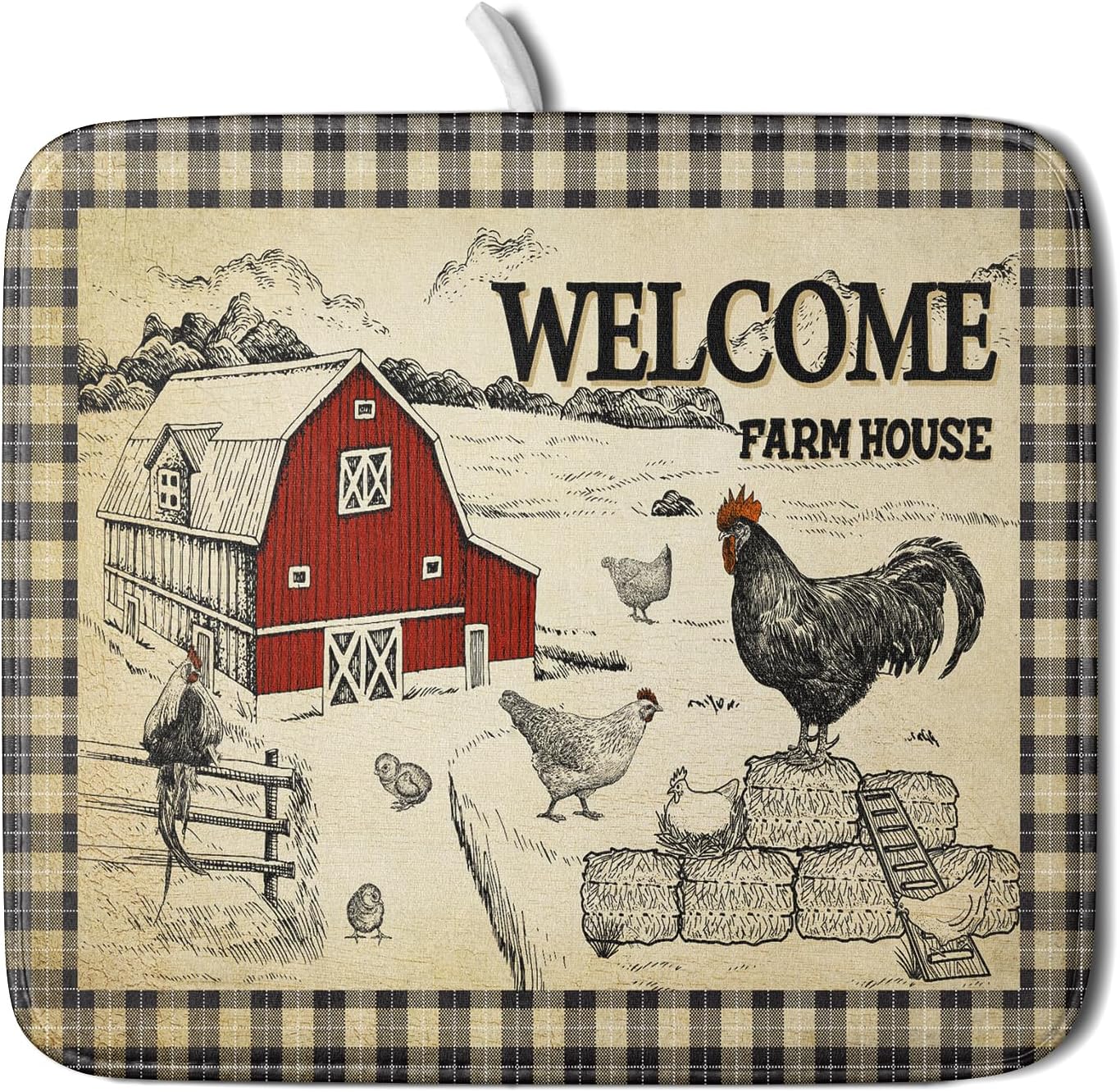 Farmhouse Rooster Dish Drying Mat 16x18 Inch Country Chicken Absorbent Dish Drainer Mat Reversible Countertops Protector Pad Kitchen Accessories
