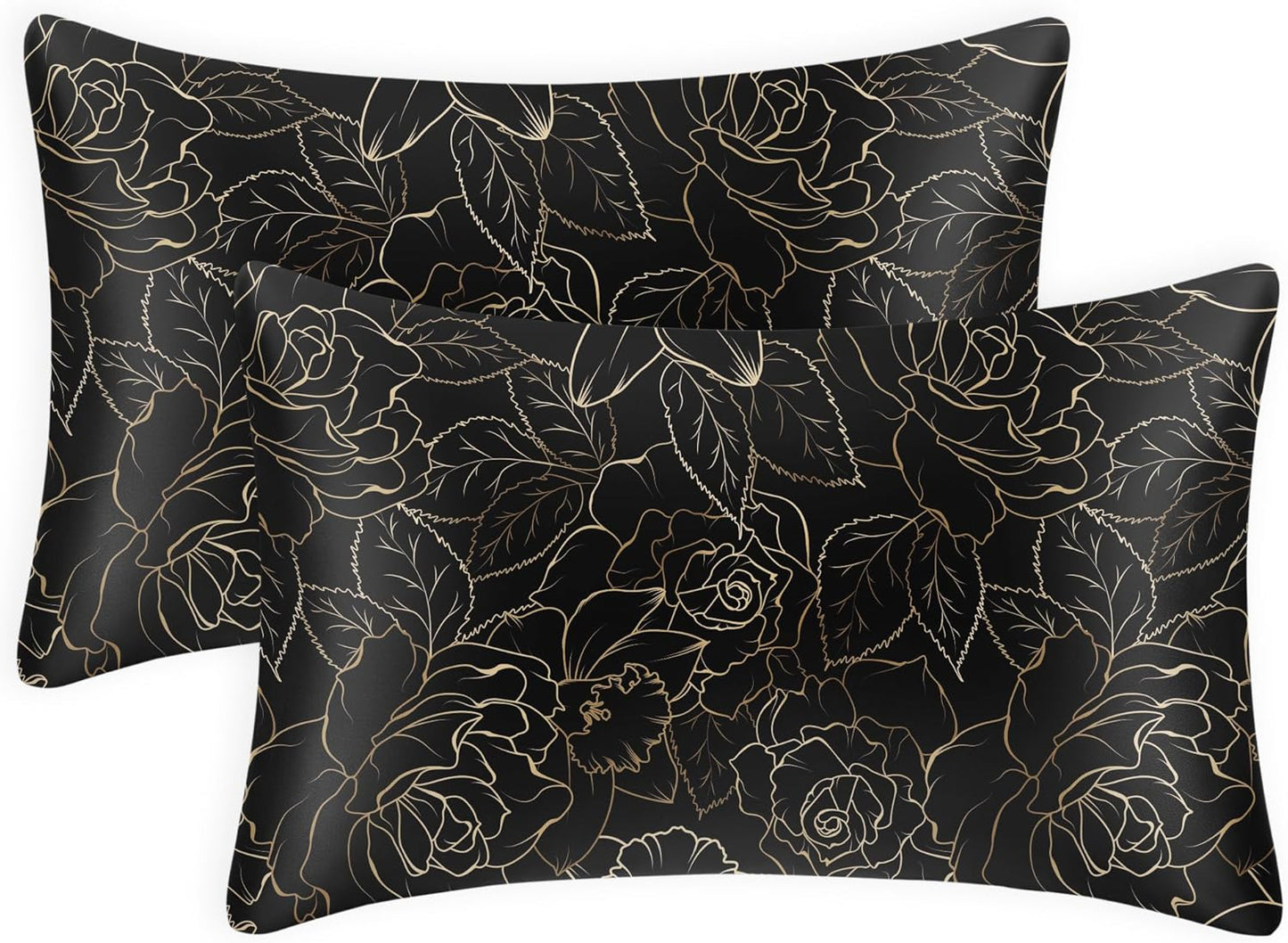 EXQ Home Satin Pillowcase for Hair and Skin Queen - Printed Rose on Black Silk Pillowcase 2 Pack 20x30 inches - Satin Pillow Cases Set of 2 with Envelope Closure, Gifts for Women Men