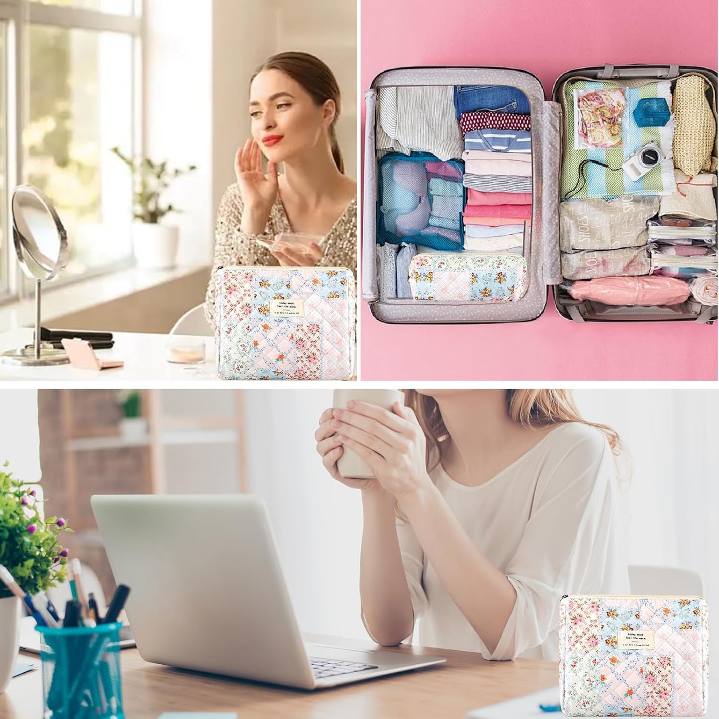 2Pcs Quilted Cotton Makeup Bag Large Travel Makeup Pouch Small Brush Holder Set for Women Cute Floral Coquette Makeup Bag Aesthetic Cosmetic Bag Flower Bee Toiletry Organizer Storage Bag Zipper Pouch