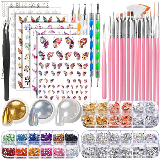 FANDAMEI Nail Design Kit, Nail Art Kit, 15 PCS Nail Brushes For Nail Art, Nail Art Tools, Rhinestones For Nails, Nail Stickers, Pearl Chrome Nail Powder, Chrome Powder For Nails, Nail Design Tools
