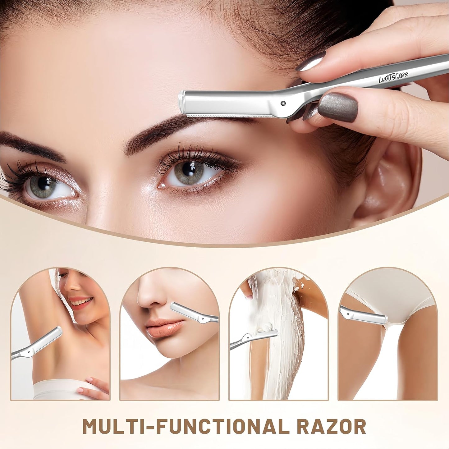 Stainless Steel Eyebrow Razor - Face Razors with Travel Cover & 10 Refill Blades, Eyebrow Brush - Help Exfoliate and Smooth Skin for Eyebrow, Leg, BIKINI, Facial, Beard Remove - L