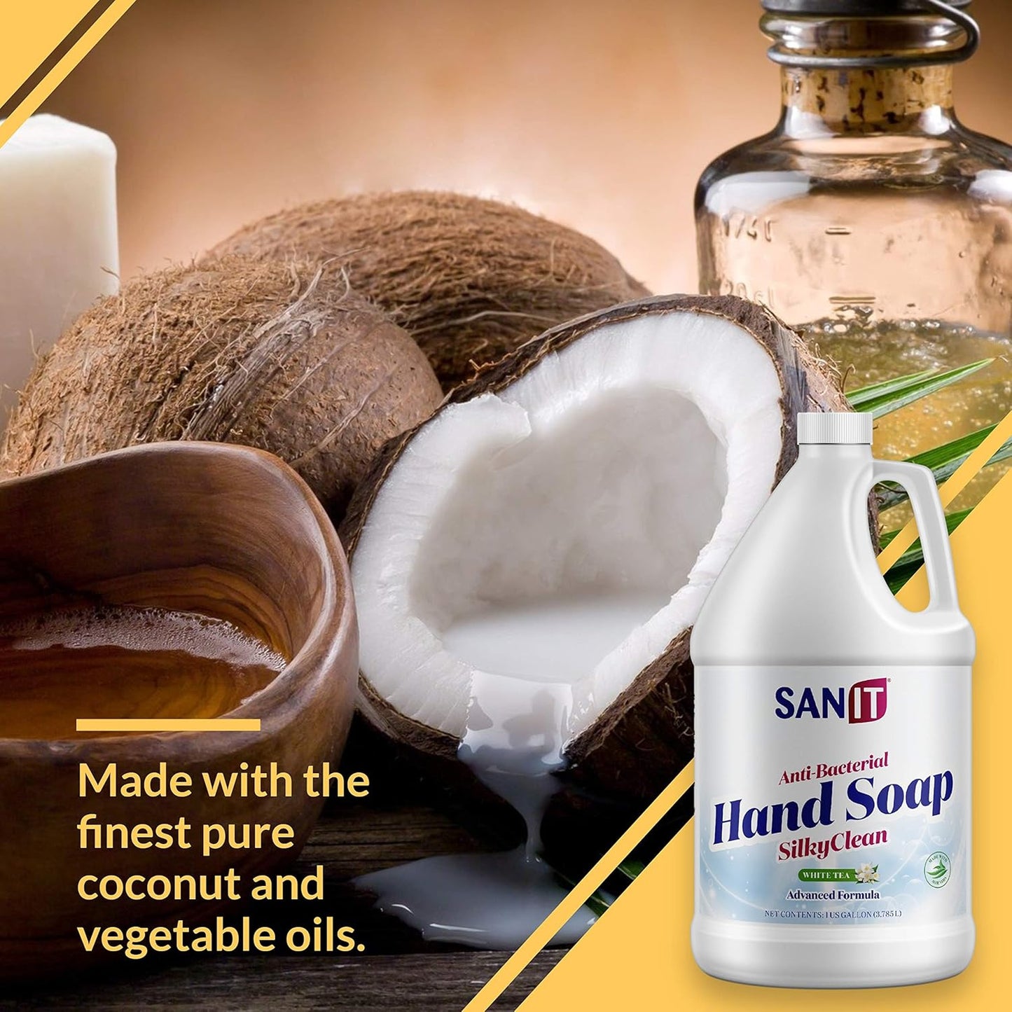 Sanit Silky Clean Antibacterial Liquid Gel Hand Soap Refill - Advanced Formula with Coconut Oil and Aloe Vera - All Natural Moisturizing Hand Wash - Made in USA, White Tea, 1 Gallon