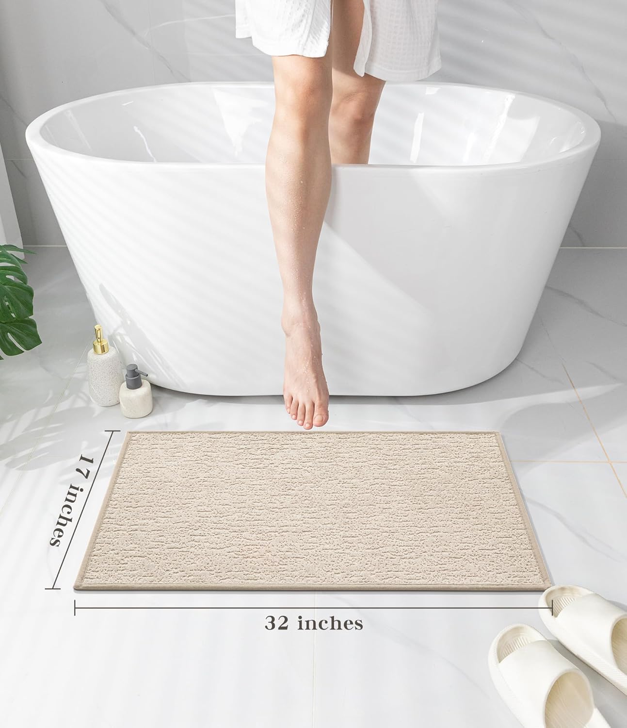 chakme Bathroom Rugs Mat 32x17, Ultra Thin Non Slip Bath Mat Quick Dry Absorbent Bath Mat for Bathroom Floor, (Light Beige, 32"x17")