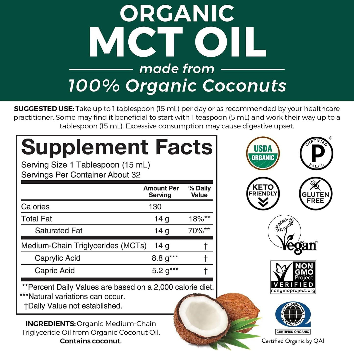 Viva Naturals Organic MCT Oil 16 fl oz - Best MCT Oil Organic for Coffee, MCT Coconut Oil Supports Energy & Mental Clarity, USDA Organic, Non-GMO, Paleo & Keto Certified, MCT Wellness