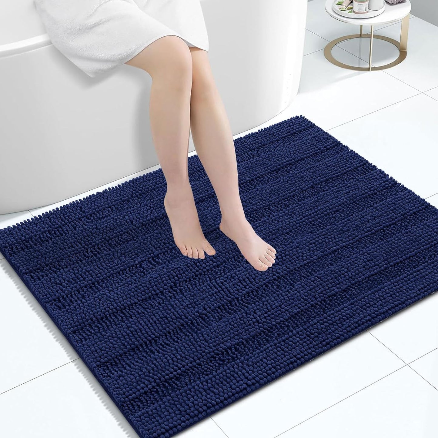 Grandaily Chenille Striped Bathroom Rugs 40x32, Extra Thick and Absorbent Bath Mats, Non-Slip Soft Plush Shaggy Shower Carpet, Machine Wash Dry, Bath Rug for Bathroom, Navy