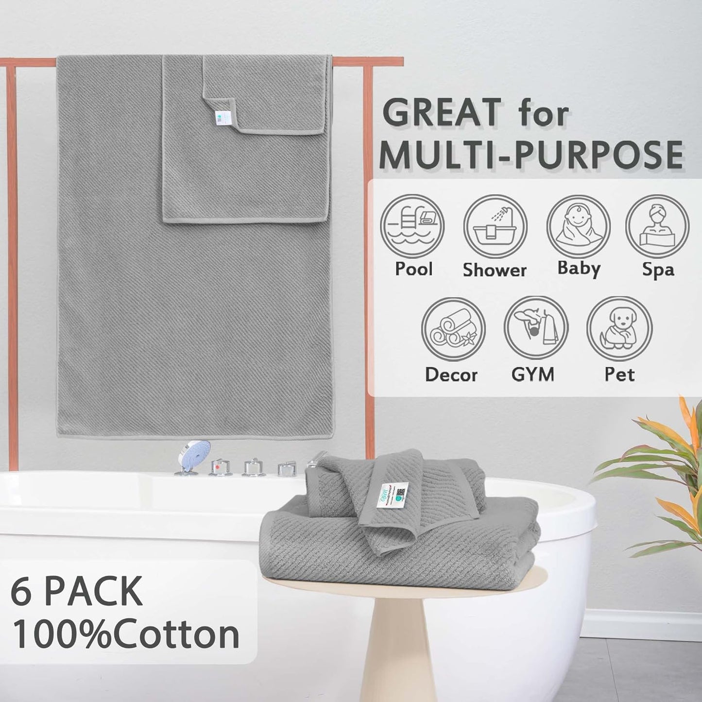 VOOVA & MOVAS Grey Bathroom Towel Sets - 100% Cotton | Lightweight | Quick Dry | Thick | Soft, 6 Piece Towel Set, 2 Large Bath 30"x56", 2 Hand 18"x28", 2 Washcloths 13"x13", Bathroom Essentials, Gray
