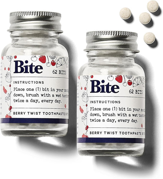 Bite Whitening Toothpaste Tablets – Nano Hydroxyapatite & Xylitol (Berry Twist) | Sensitive Teeth & Kid-Friendly | No Fluoride, Vegan, Cruelty-Free | Travel-Size | 2 Bottles (124 Bits) | Made in USA