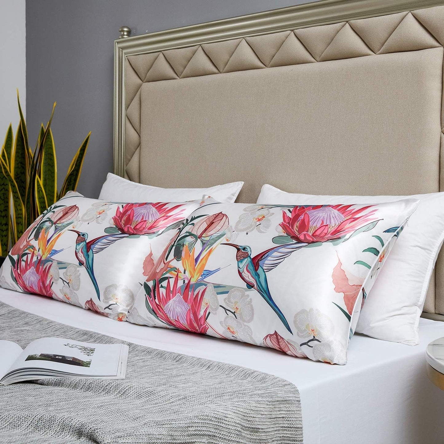 MR&HM Satin Pillowcase for Hair and Skin, Silk Satin Pillowcase 2 Pack, Standard Size Pillow Cases Set of 2, Silky Pillow Cover with Envelope Closure (20x26, Floral Bird)