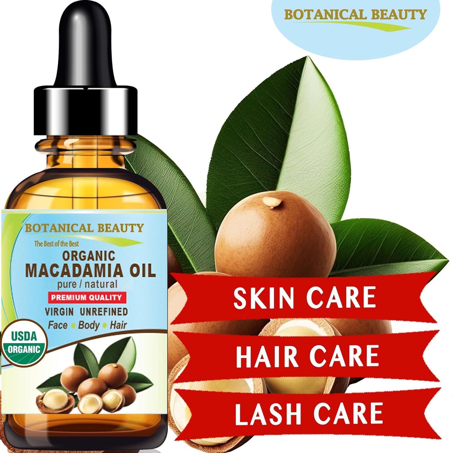Botanical Beauty Organic MACADAMIA OIL 100% Pure Natural VIRGIN UNREFINED Cold-Pressed Carrier Oil for Face, Skin, Body, Hair, Lip, Nails. Rich in Vitamin E (4 Fl Oz)
