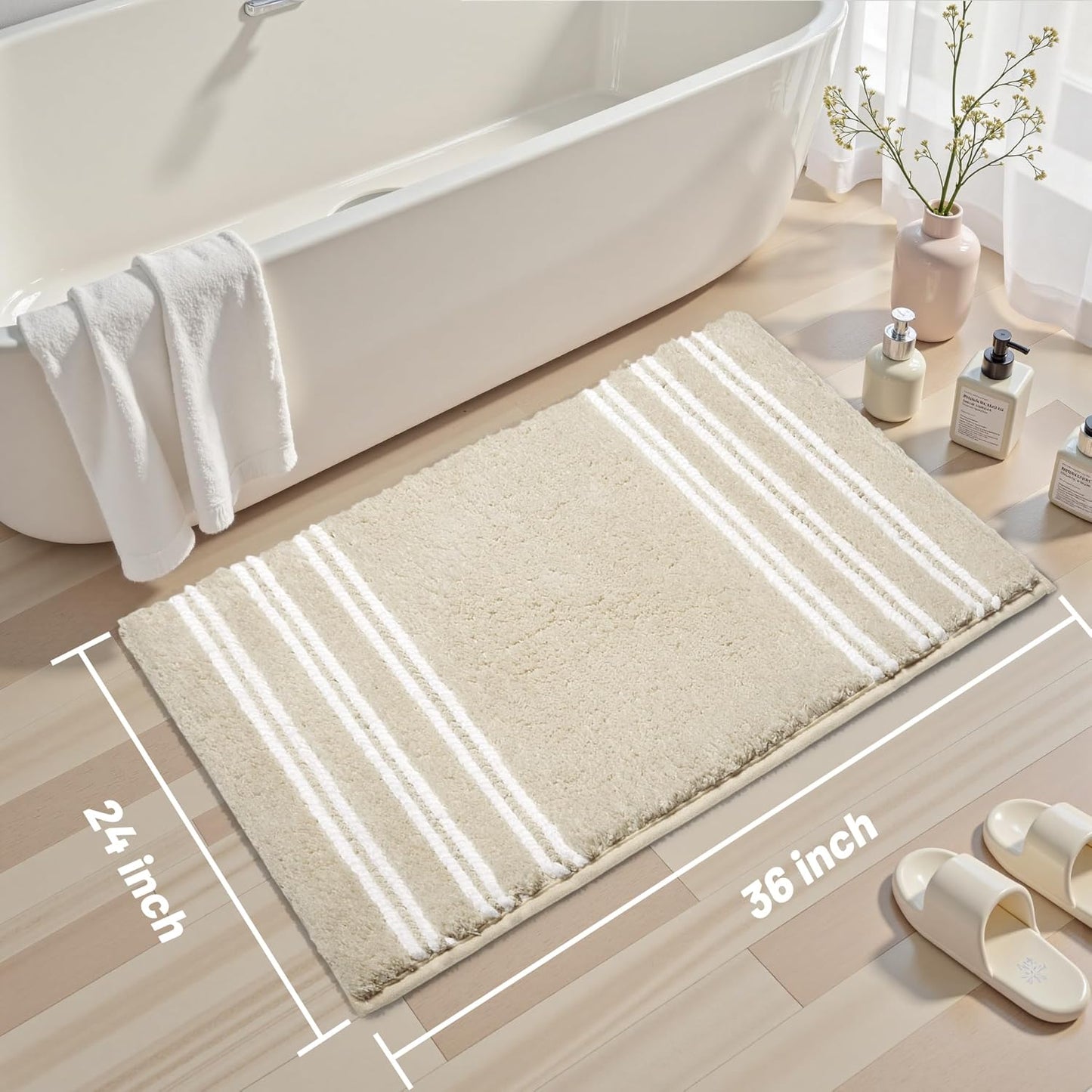 Bathroom Rugs 24x36 Extra Soft Absorbent Bath Mat Chenille Non Slip Shower Mat Rubber Backing Machine Washable Bath Mats for Bathroom Shaggy Khaki Bath Rugs for Tub, Hallway