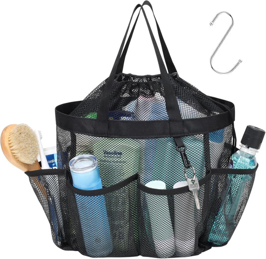 F-color Mesh Shower Caddy Portable with Drawstring - Upgrade Deeper 7 Pockets Dorm Room Essentials for Guys Girls with S Hook, Shower Bag Basket Tote for College Camping Toiletry Bathroom, Black