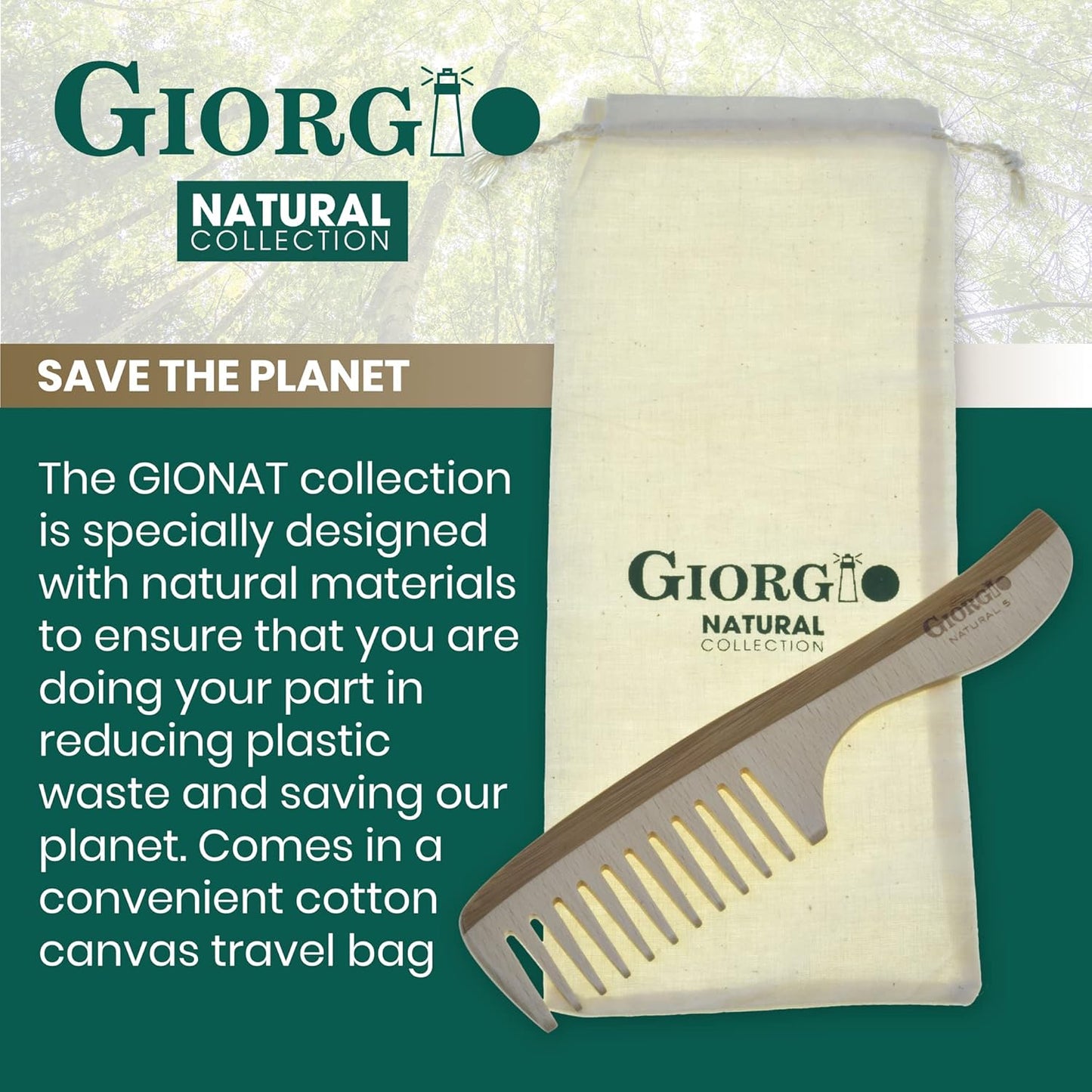 Giorgio GIONAT5 Natural Wooden Detangling Comb with Comfortable Handle - Wide Tooth Comb for Curly Hair, Bamboo and Beechwood Hair Combs for Thick Hair - Organic Wooden Hair Comb for Men and Women