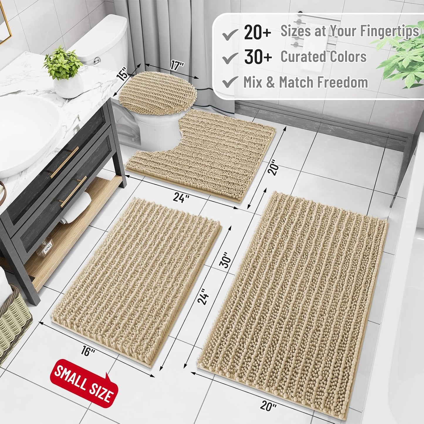 Arotive Luxury Chenille Bathroom Rug Mat, Extra Soft Thick Absorbent Shaggy Bath Rugs, Non-Slip Machine Wash Dry, Plush Bath Mats for Bathroom, Shower and Tub, 60x24, Beige