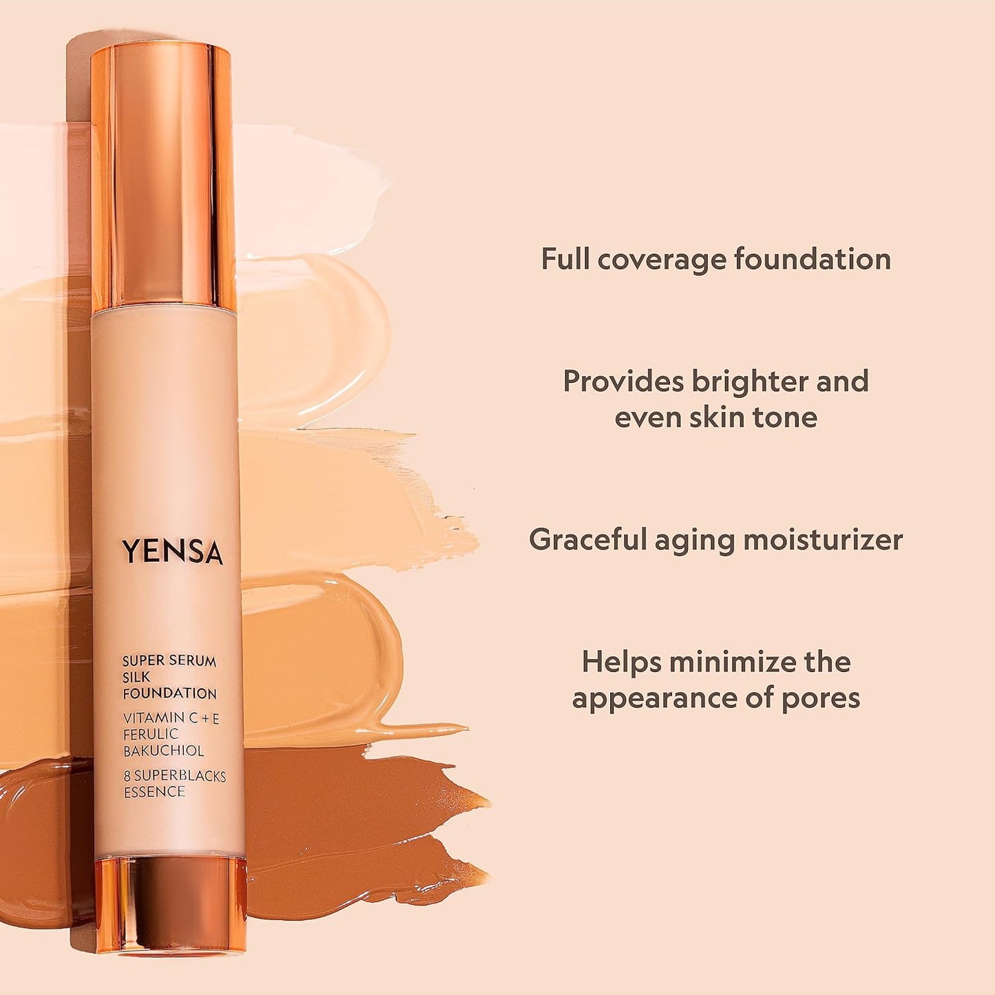 YENSA Serum Foundation Makeup - Super Silk Full Coverage Foundation Enriched with Peptides, Vitamin C & Ferulic Acid to Help Reduce Fine Lines, Wrinkles & Dark Circles - Deep 1 (1 oz)