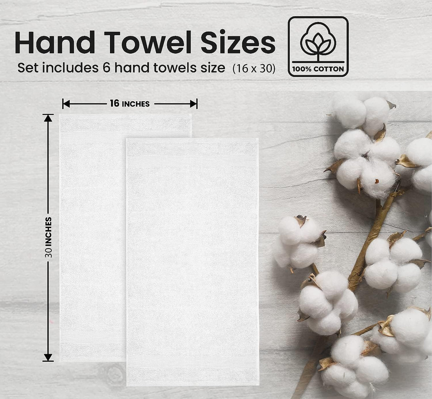 Premium Hand Towels Pack of 6 (16" x 30”) 100% Combed Ring Spun Cotton | Highly Absorbent Hand Towels Set | Ultra Soft for Home, Gym & Spa (White)