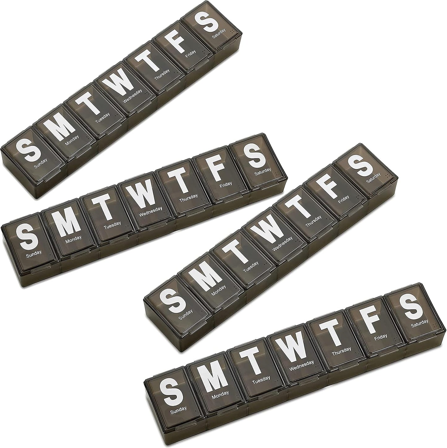 Weekly Pill Organizer - (Pack of 4) Extra Large Vitamin Container with Jumbo Easy to Read Letters, BPA Free - Daily Travel 7 Day Medication Pill Box Case, (Black)